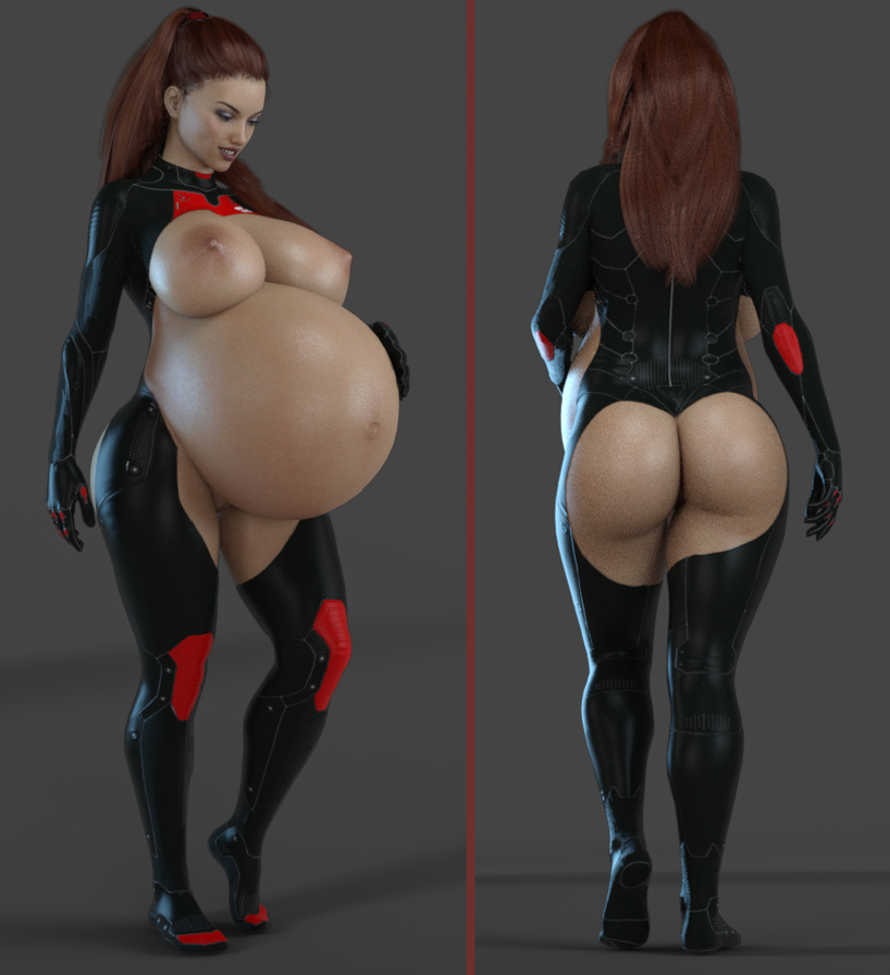 3d, ass, belly, big ass, big belly, big breasts, breasts, elcyiancorp, female, hand on belly, huge breasts, nipples, ponytail, pregnant, red hair
