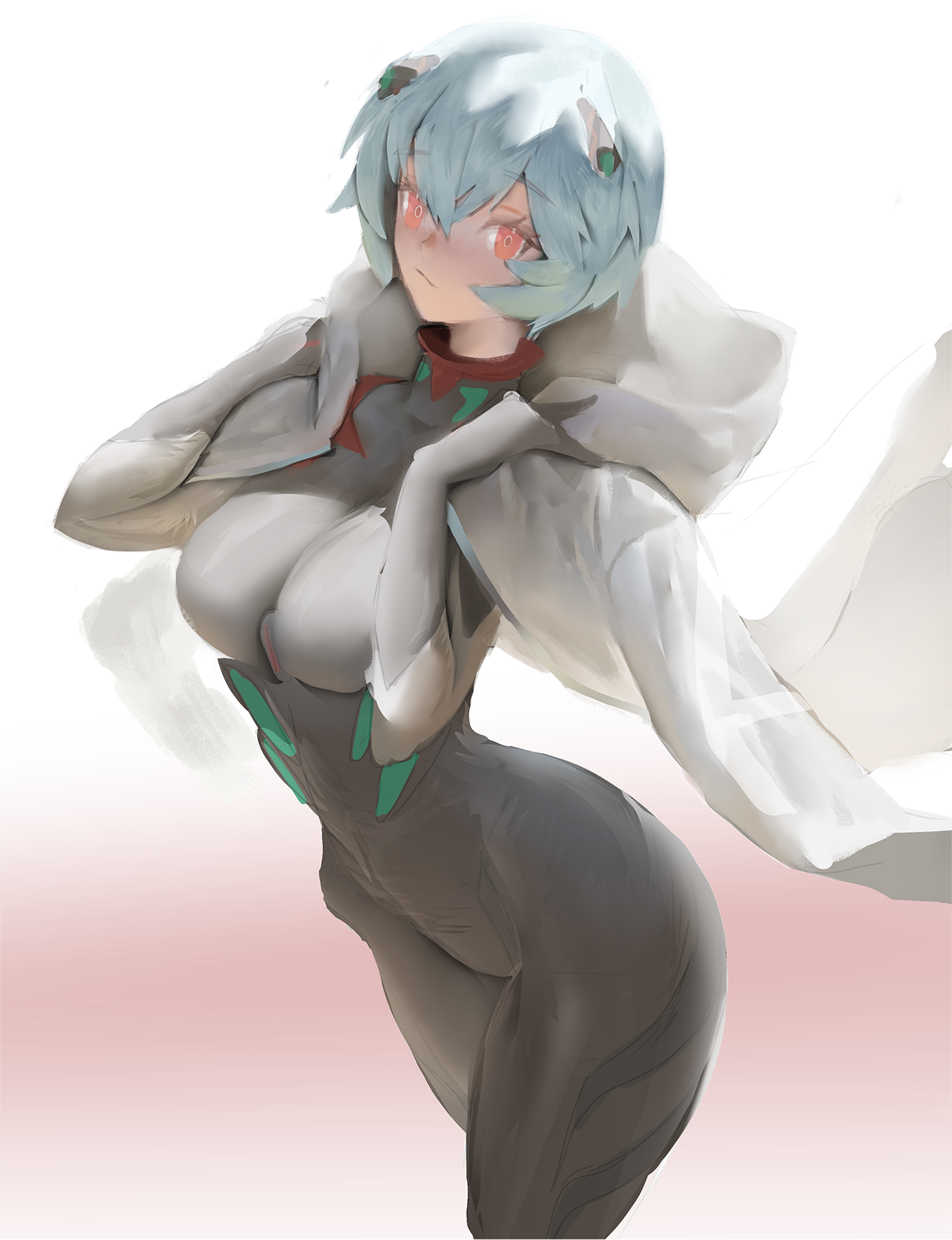 1girls, ass, black plugsuit, blue hair, bodysuit, breasts, clothing, coat, curvy, female, female only, hips, human, light skin, light-skinned female, looking at viewer, medium breasts, neon genesis evangelion, pale skin, pale-skinned female, pilot suit, plugsuit, rebuild of evangelion, red eyes, rei ayanami, short hair, skin tight, solo, solo female, thick thighs, wide hips