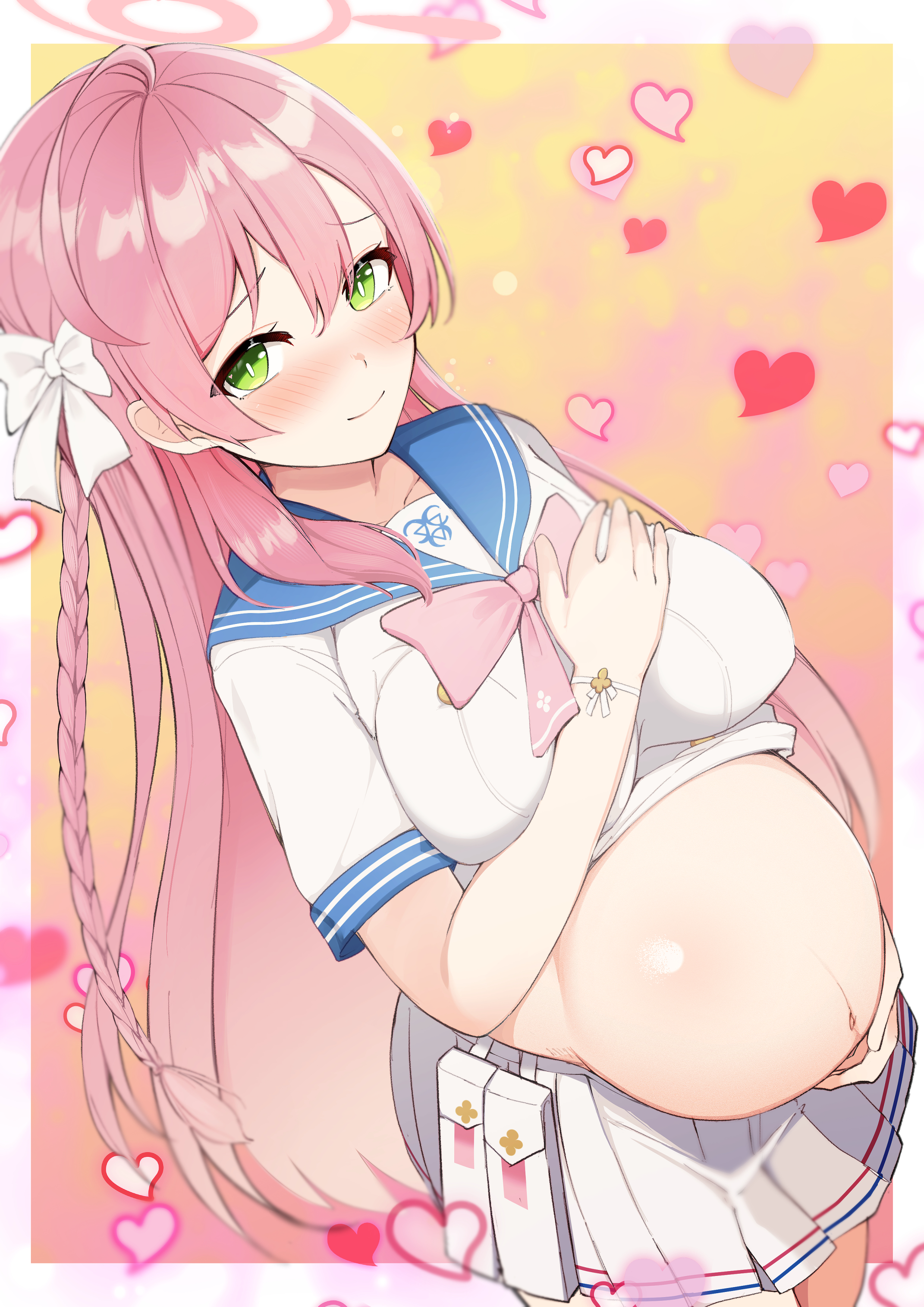big breasts, blue archive, blush, braid, breasts, female, female only, green eyes, hair ribbon, hairbow, halo, hanako (blue archive), hand on belly, high-angle view, holding belly, long hair, looking at viewer, nanashinanasumi, nanasumi, pink hair, pleated skirt, pregnant, school uniform, serafuku, smile, solo