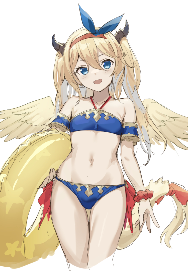 1girls beach blonde_hair blue_eyes dragon_girl dragon_tail female female_only floater grabbing hamachi_oekaki highres horn looking_at_viewer mariel_(p&d) puzzle_&_dragons ribbon small_breasts solo swimsuit wings young