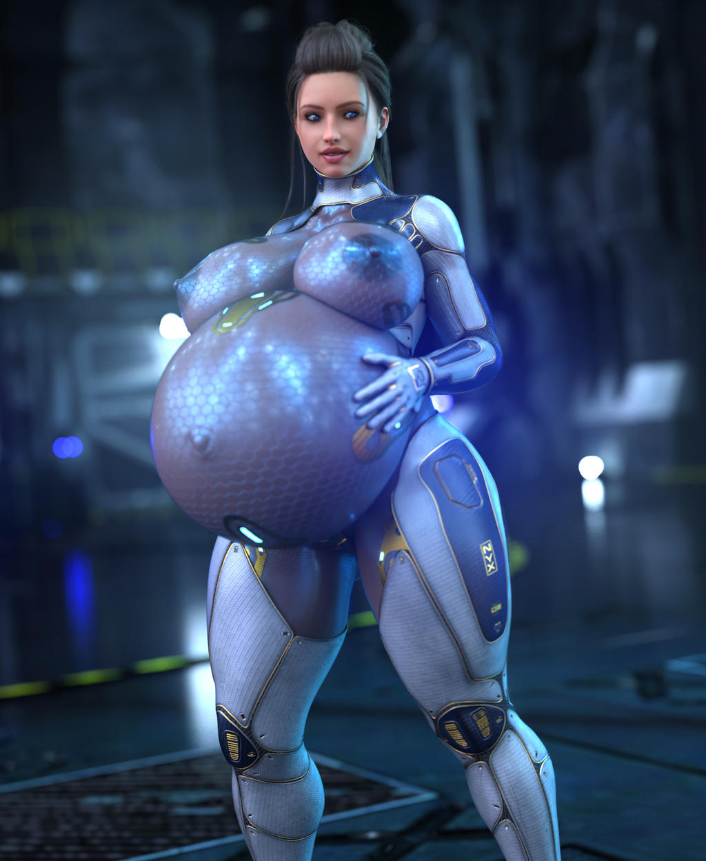 1girls, 3d, belly, big belly, big breasts, black hair, blue eyes, bodysuit, breasts, elcyiancorp, female, holding belly, large breasts, navel, nipples, nipples visible through clothing, outie, outie navel, pregnant, ready to pop, sci-fi, skintight, solo female