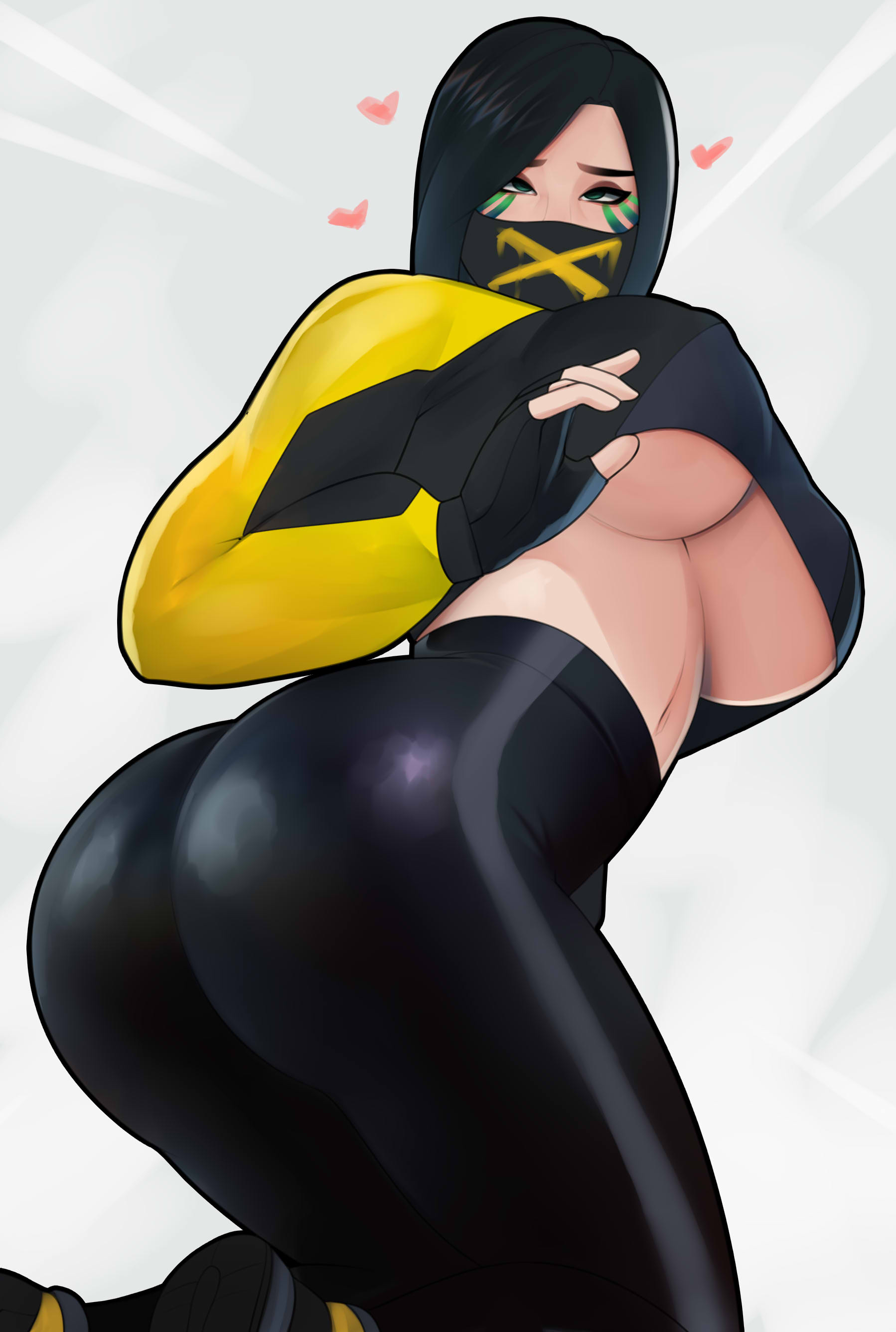 1girls, ark (fortnite), ass, big ass, big breasts, big butt, black hair, breasts, d'ark (fortnite), facemask, female, fortnite, heart, large ass, large breasts, looking at viewer, looking back, mask, navel, nipple bulge, postblue98, shoes, simple background, solo, solo female, spats, underboob, white background