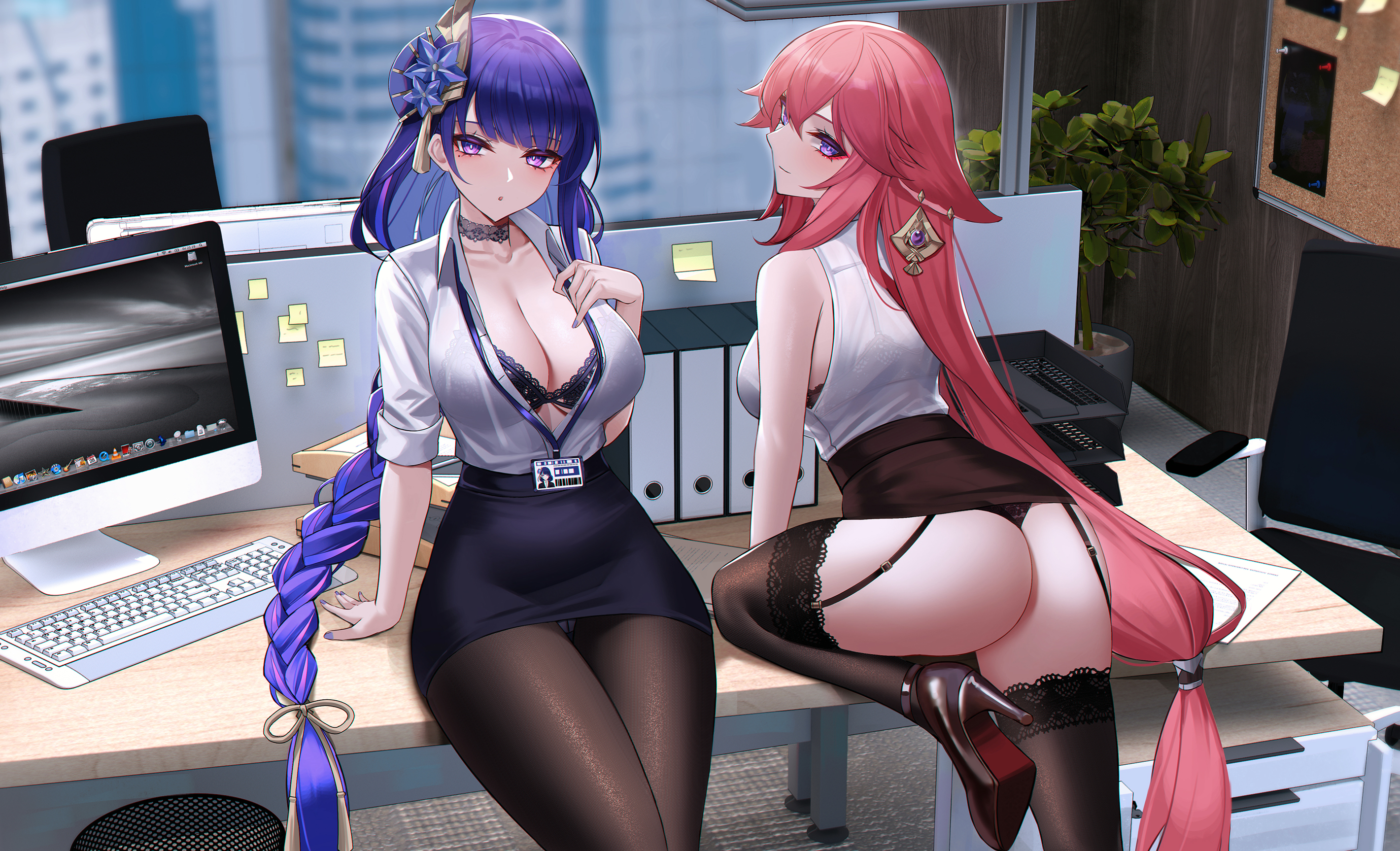 2girls, ass, bra, breasts, busty, cleavage, clothing, computer, eternity (shadeh), female, female only, garter straps, genshin impact, hi res, high heels, large breasts, looking at viewer, miniskirt, office, office lady, pantyhose, pink hair, purple hair, raiden shogun, shoes, skirt, stockings, thighhighs, thong, unbuttoned, underwear, yae miko