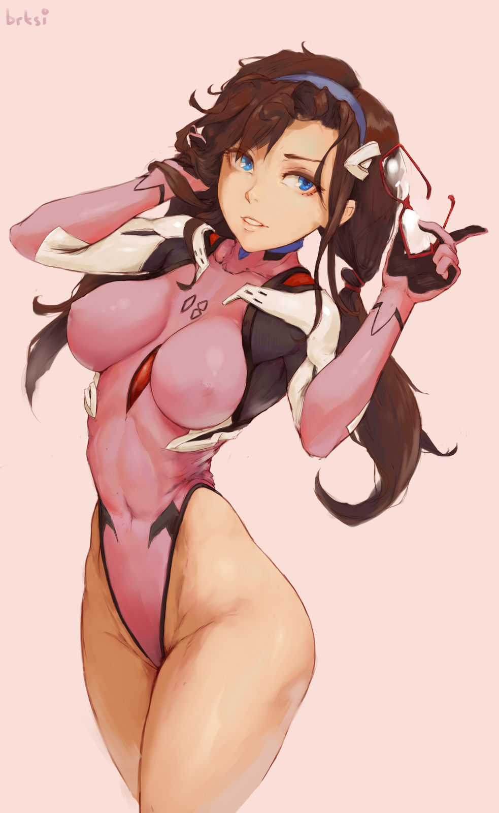 1girls, adapted costume, ass, blue eyes, bodysuit, breasts, brksi, brown hair, clothing, cowboy shot, curvy, erect nipples, erect nipples under clothes, female, female only, glasses, hairband, hi res, highleg, human, large breasts, light skin, light-skinned female, long hair, mari illustrious makinami, neon genesis evangelion, nipples, pilot suit, plugsuit, rebuild of evangelion, simple background, solo, thick thighs, thighs, wide hips