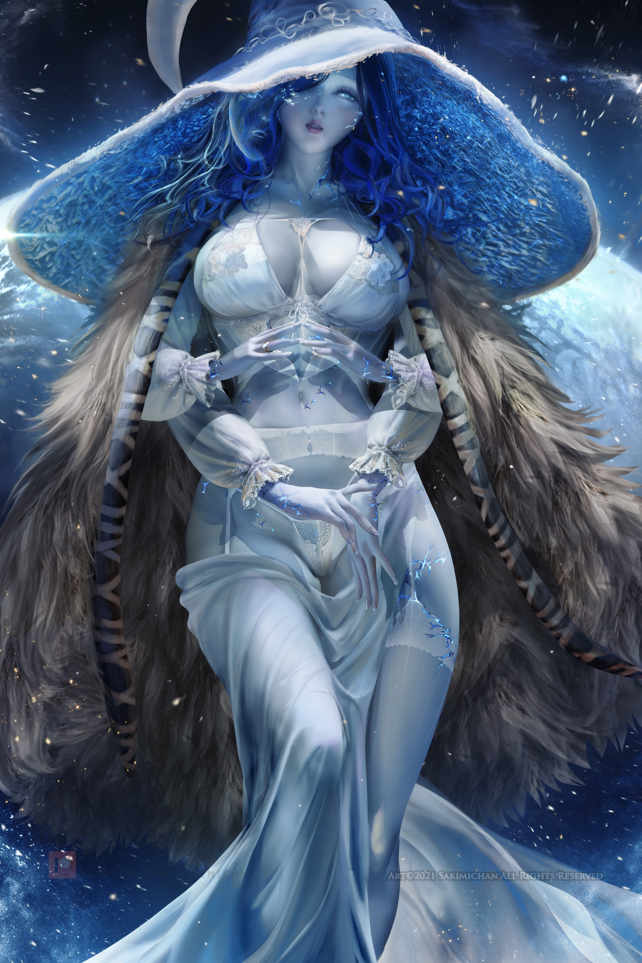 1girls, 4 arms, absurd res, alternate breast size, bangs, bare shoulders, blue eyes, blue hair, blue nails, blue skin, blush, breasts, cape, clavicle, cleavage, cloak, closed mouth, clothing, colored skin, cracked skin, curly hair, curvaceous, curvy female, dress, elden ring, eyebrows visible through hair, female, female only, fingernails, fromsoftware, fur cape, hair between eyes, hat, hat ornament, headwear, hi res, jewelry, large breasts, large hat, lips, long hair, looking at viewer, multi arm, multi face, multi limb, one eye closed, ranni the witch, ring, sakimichan, shiny, shiny skin, solo, solo female, standing, thighs, voluptuous, witch, witch hat