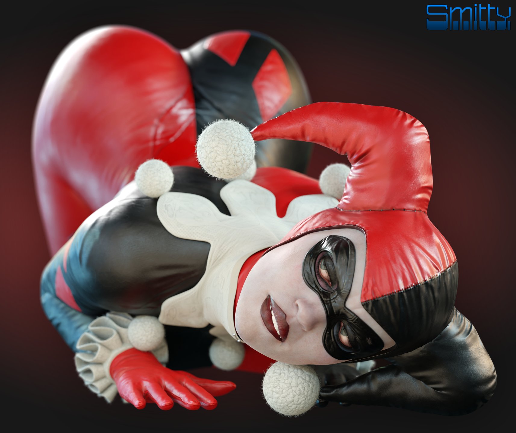 1girls, 3d, 3d (artwork), alternate version available, ass, ass up, batman (series), big ass, big breasts, bodysuit, breasts, dc, dc comics, domino mask, face down ass up, facepaint, female, female only, harley quinn, harley quinn (classic), harley quinn (injustice), head tilt, injustice 2, smitty34, solo, solo female, tagme, thick thighs