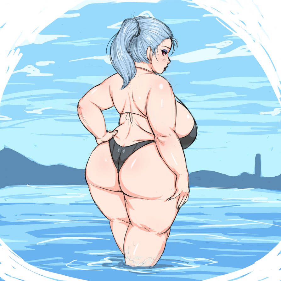 asaragi beach big_ass big_breasts blue_hair large_ass large_breasts one_piece_swimsuit pink_eyes swimsuit thick_thighs water wide_hips