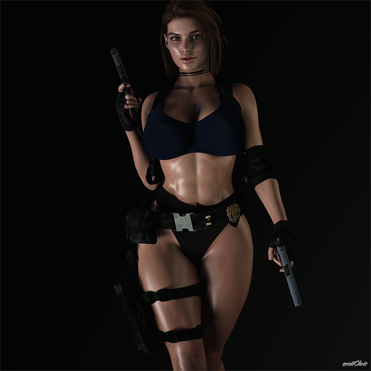 1girls, 3d, 3d (artwork), ass, big ass, big breasts, big butt, blue eyes, bra, breasts, brown hair, bubble butt, busty, capcom, cga3d, curvy, daz studio, daz3d, erotichris, female, female only, jill valentine, jill valentine (sasha zotova), large breasts, looking at viewer, medium hair, resident evil, resident evil 3, resident evil 3 remake, seductive, seductive look, sensual, smile, smirk, solo, tactical gear, thick, thick ass, thick thighs, thong, wide hips