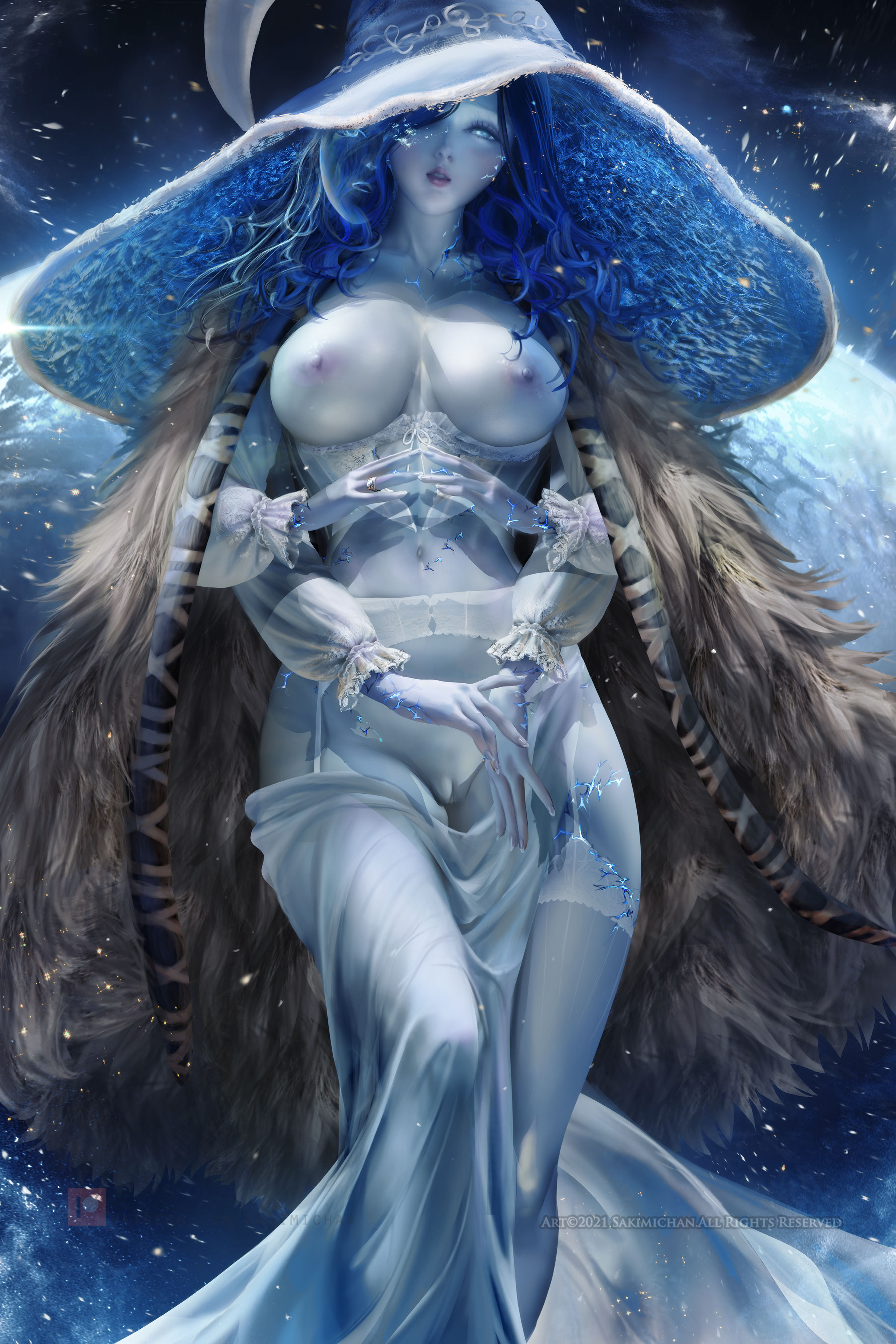 1girls, 4 arms, absurd res, alternate breast size, bangs, bare shoulders, blue eyes, blue hair, blue nails, blue skin, blush, breasts, cape, clavicle, cloak, closed mouth, clothing, colored skin, cracked skin, curly hair, curvaceous, curvy female, dress, elden ring, eyebrows visible through hair, female, female only, fingernails, fromsoftware, fur cape, hair between eyes, hat, hat ornament, headwear, hi res, jewelry, large breasts, large hat, lips, long hair, looking at viewer, multi arm, multi face, multi limb, nipples, no bra, one eye closed, pussy, ranni the witch, ring, sakimichan, shiny, shiny skin, solo, solo female, standing, thighs, voluptuous, witch, witch hat