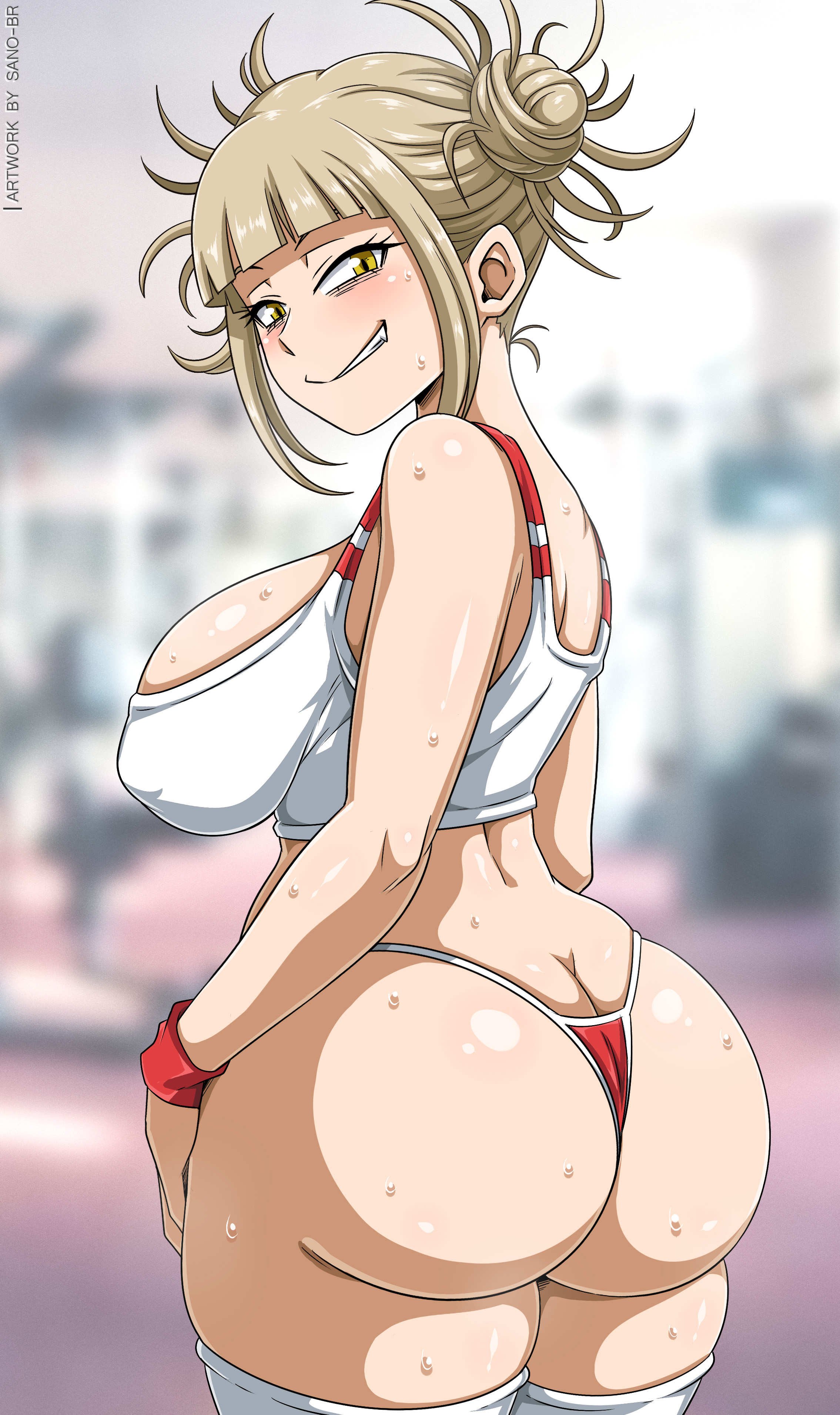 1girls, ass, ass focus, ass shot, bangs, bare shoulders, big ass, big breasts, big butt, big eyes, blonde hair, blonde-haired female, blunt bangs, blurry background, blush, breasts, bubble ass, bubble butt, cleavage, cowboy shot, curvaceous, curvy, curvy figure, double bun, eye contact, female, female only, hi res, high resolution, highres, himiko toga, hourglass figure, huge ass, large breasts, legwear, looking at viewer, looking back, my hero academia, nipple bulge, off shoulder, open mouth, patreon username, round ass, sano-br, shiny hair, shiny skin, short hair, shounen jump, sideboob, sidelocks, slim waist, smile, solo, solo female, sportswear, standing, sweat, sweatdrop, sweaty ass, thick ass, thick thighs, thighhighs, thighs, thong, white legwear, wide eyed, wide hips, workout clothes, yellow eyes