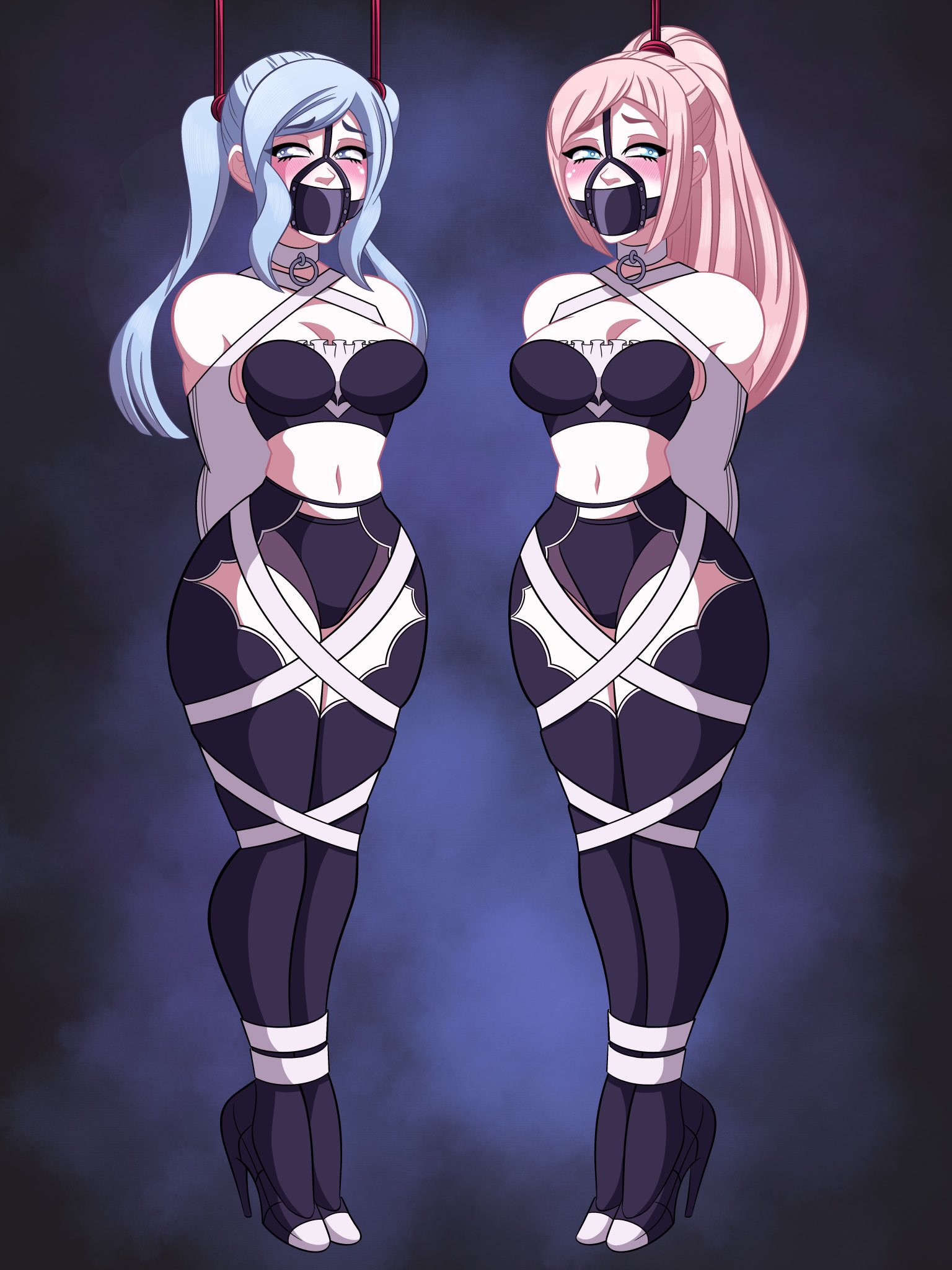 2girls, bare midriff, bare thighs, bearbuckscoffee, black panties, blue eyes, blue hair, bondage, bound, bra, breasts, cleavage, felicia (fire emblem), female, female only, femsub, fire emblem, fire emblem fates, flora (fire emblem), gag, high heels, inner thighs, long hair, maid, medium breasts, medium hair, midriff, multiple females, multiple girls, multiple subs, nintendo, panties, pink hair, ponytail, restrained, siblings, sisters, thigh highs, thighs, tied hair, twins, twintails, underwear, wide hips
