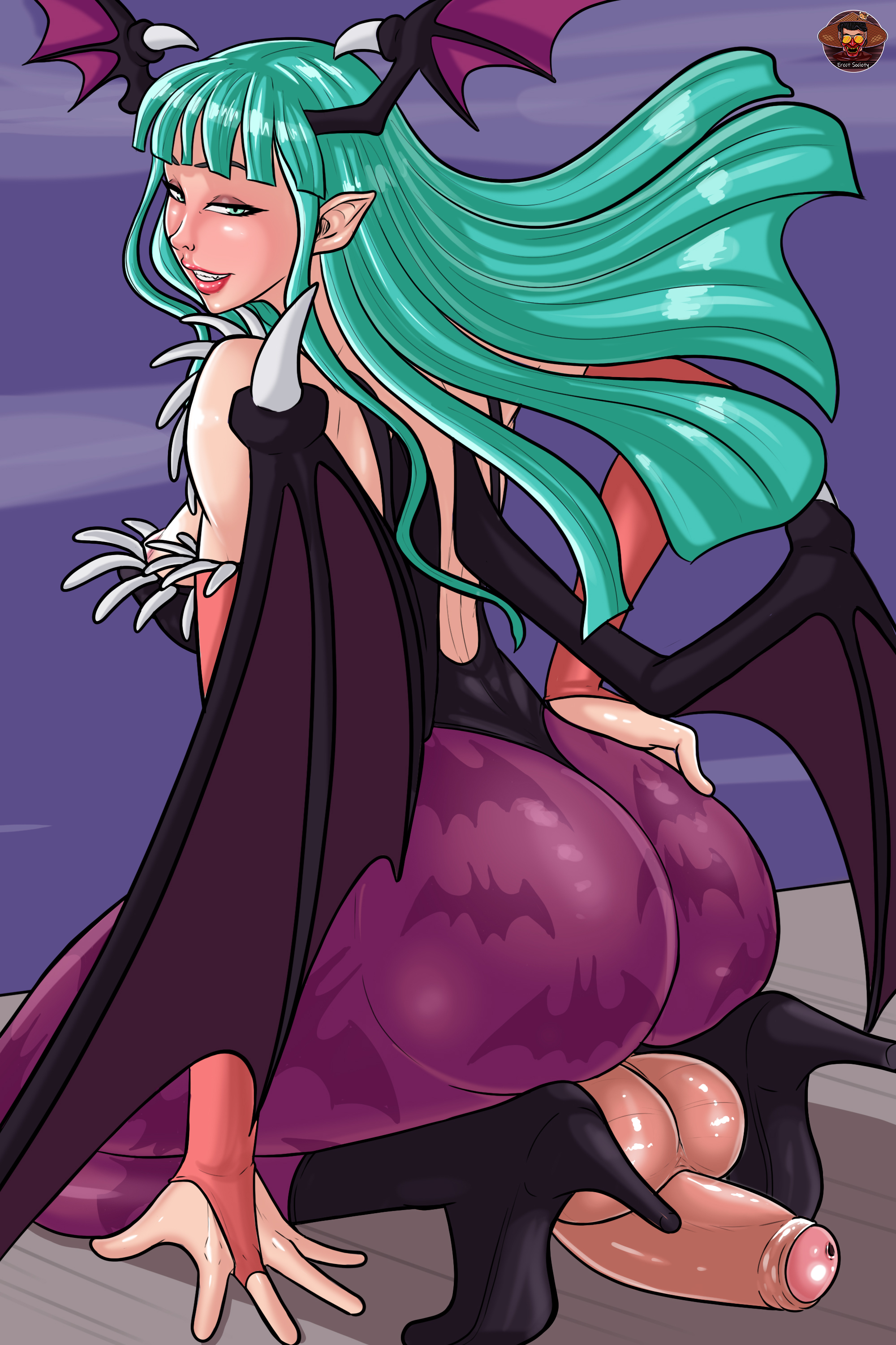 1futa, 2:3, alekerectsociety, arm sleeves, ass, ass bigger than head, back, back view, balls, bat print, big ass, big balls, big penis, breasts, capcom, clothed, clothing, cock-tail, darkstalkers, demon, demon wings, futa only, futanari, green eyes, green hair, huge ass, humanoid, humanoid penis, intersex, kneeling, large ass, legs together, light skin, light-skinned futa, long hair, looking back, morrigan aensland, mostly clothed, penis, pink panty strap, solo, solo futa, succubus, thick thighs, thighs, wings