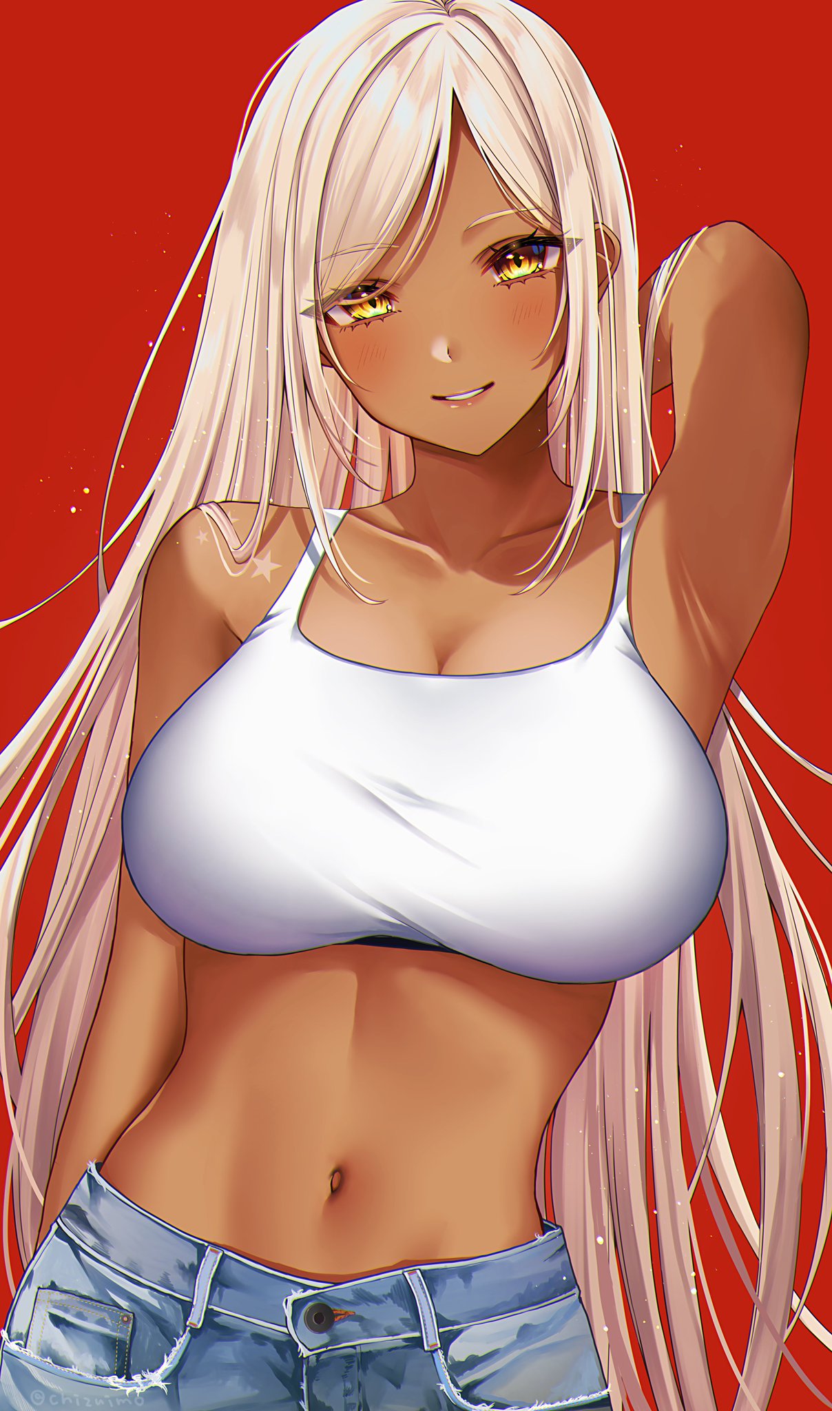 alternate_costume belly_button big_breasts blonde_hair busty chizuimo crop_top dark-skinned_female denim eyes_visible_through_hair holocouncil hololive hololive_english hololive_english_-council- midriff tagme tank_top tsukumo_sana very_long_hair virtual_youtuber white_topwear yellow_eyes