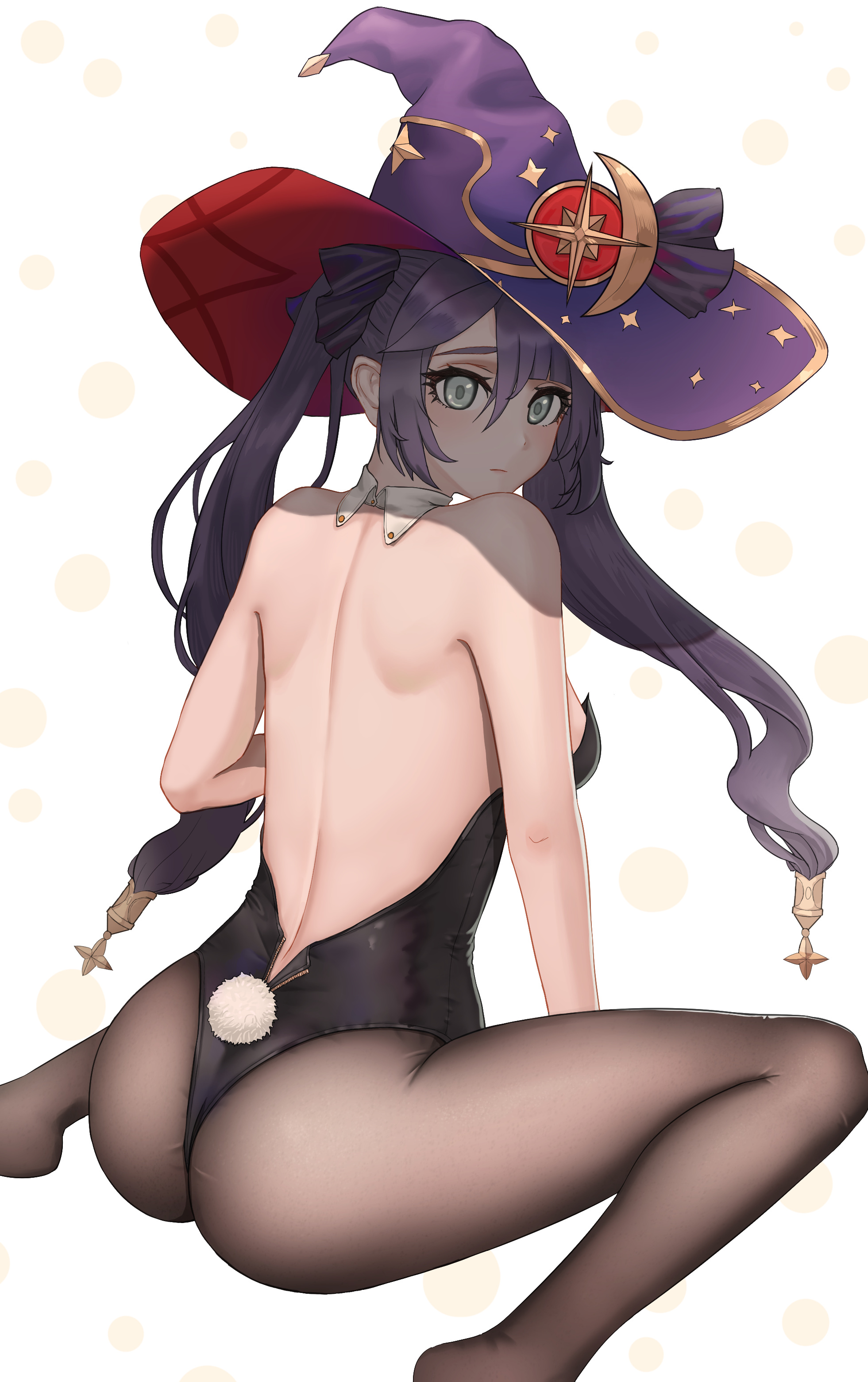 alternate costume, ass, breasts, bunny ears, bunnysuit, female, genshin impact, mona (genshin impact), pantyhose, sideboob, solo, tagme, too (artist)
