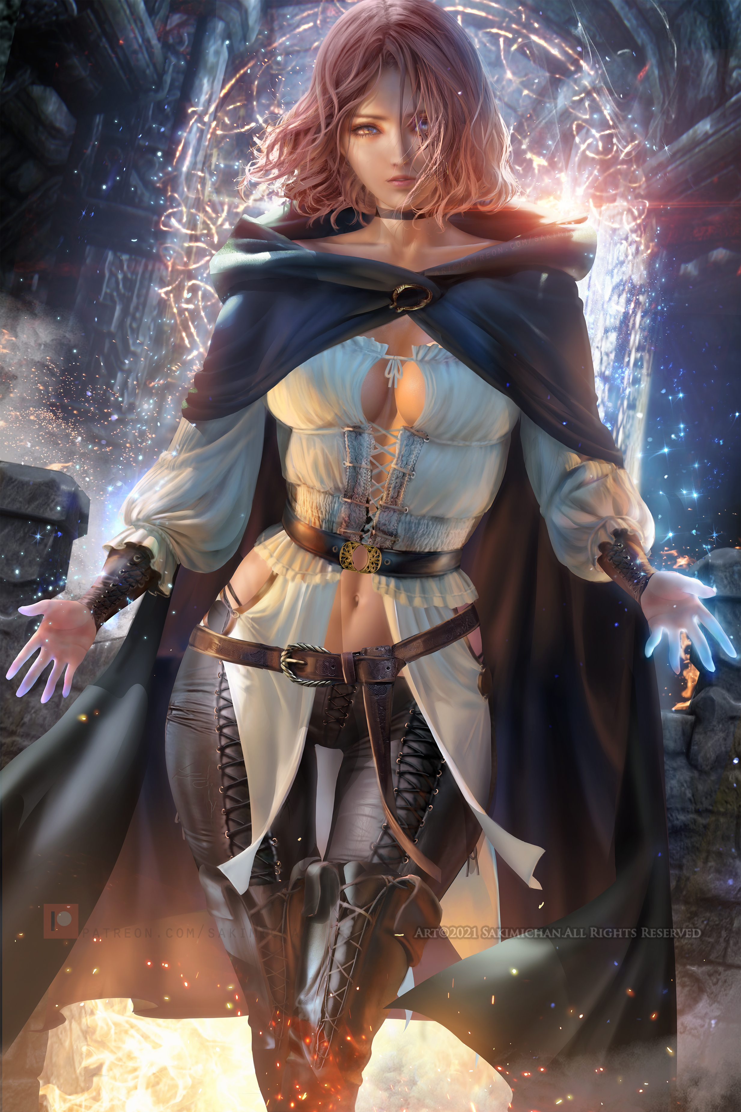 1girls, arm guards, belt, black pants, blouse, boots, breasts, brown eyes, brown hair, cape, choker, clothed, clothed female, clothing, elden ring, female, female focus, female only, fit, fit female, fromsoftware, fully clothed, glowing, glowing hands, hips, leather pants, light skin, light-skinned female, mage, magic, magic user, magical girl, medium breasts, melina (elden ring), midriff, navel, pants, sakimichan, shirt, short hair, shoulder length hair, solo, solo female, solo focus, thick thighs, thighhigh boots, thighs, toned, toned female, toned stomach, white blouse, white shirt, wide hips