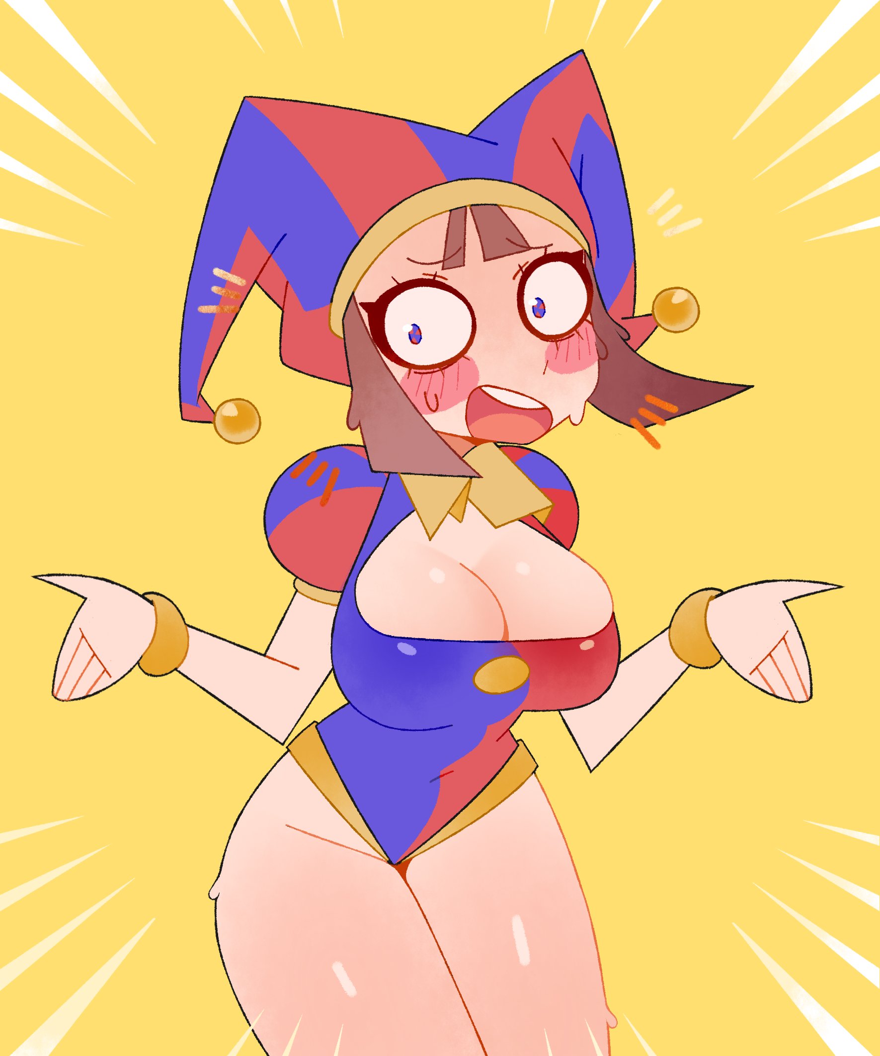 2023, 2d, 2d (artwork), 2d artwork, artist request, boob window, breasts, brown hair, female, glitch productions, gloves, gooseworx, jester, jester costume, jester hat, jester outfit, medium breasts, pomni (the amazing digital circus), short hair, sweat, sweatdrop, sweating, the amazing digital circus, thighs