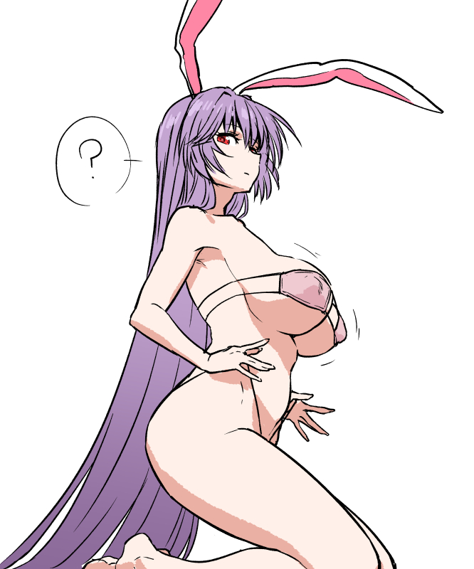 ? ahemaru alternate_costume animal_ears armpits bare_legs barefoot big_breasts boobs bouncing_breasts breasts bunny_ears cleavage closed_mouth commentary covered_nipples expressionless eyepatch_bikini feet_out_of_frame female from_side henriiku_(ahemaru) kneeling large_breasts long_hair looking_at_viewer motion_lines purple_hair rabbit_ears red_eyes reisen_udongein_inaba sideboob simple_background solo spoken_question_mark straight_hair strap_pull string_bikini touhou underboob very_long_hair white_background