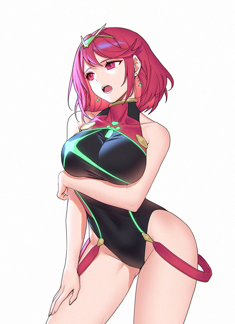 1girls, big breasts, breasts, female, nintendo, one-piece swimsuit, open mouth, pyra, red eyes, red hair, short hair, siun 13, solo, swimsuit, tagme, tiara, xenoblade (series), xenoblade chronicles 2