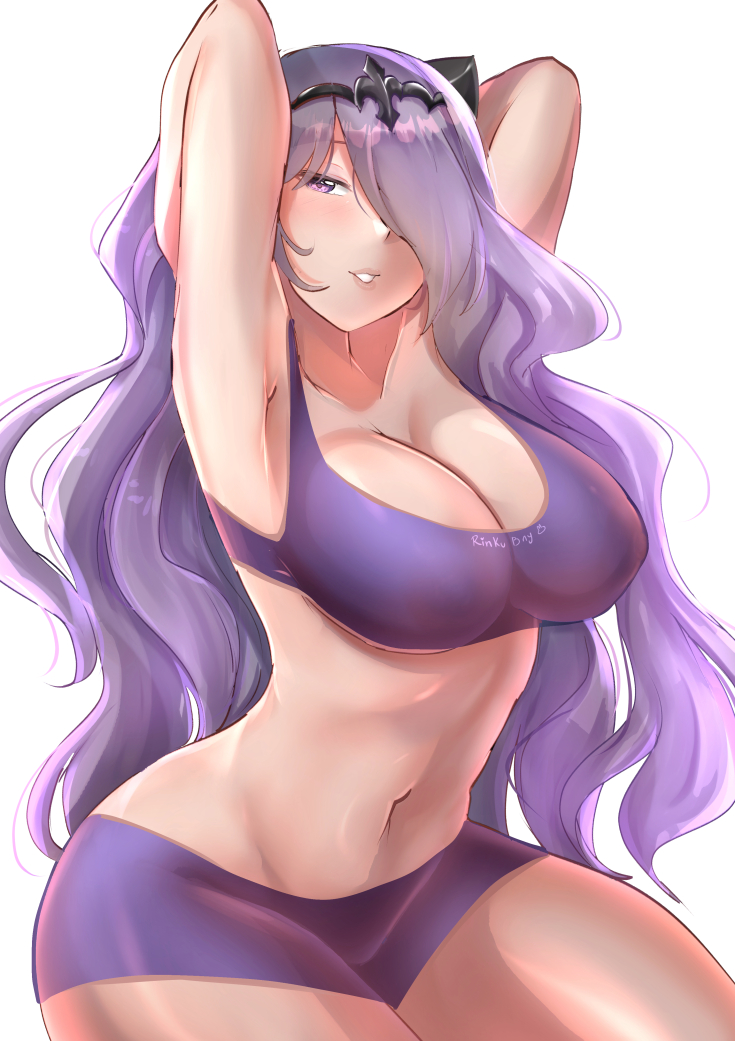 1girls, armpits, bare thighs, breasts, camilla (fire emblem), cleavage, female, female only, fire emblem, fire emblem fates, hair over one eye, horns, large breasts, long hair, looking at viewer, nintendo, purple eyes, purple hair, rinku bny, shorts, sitting, smile, solo, tank top, thick thighs, thighs, very long hair