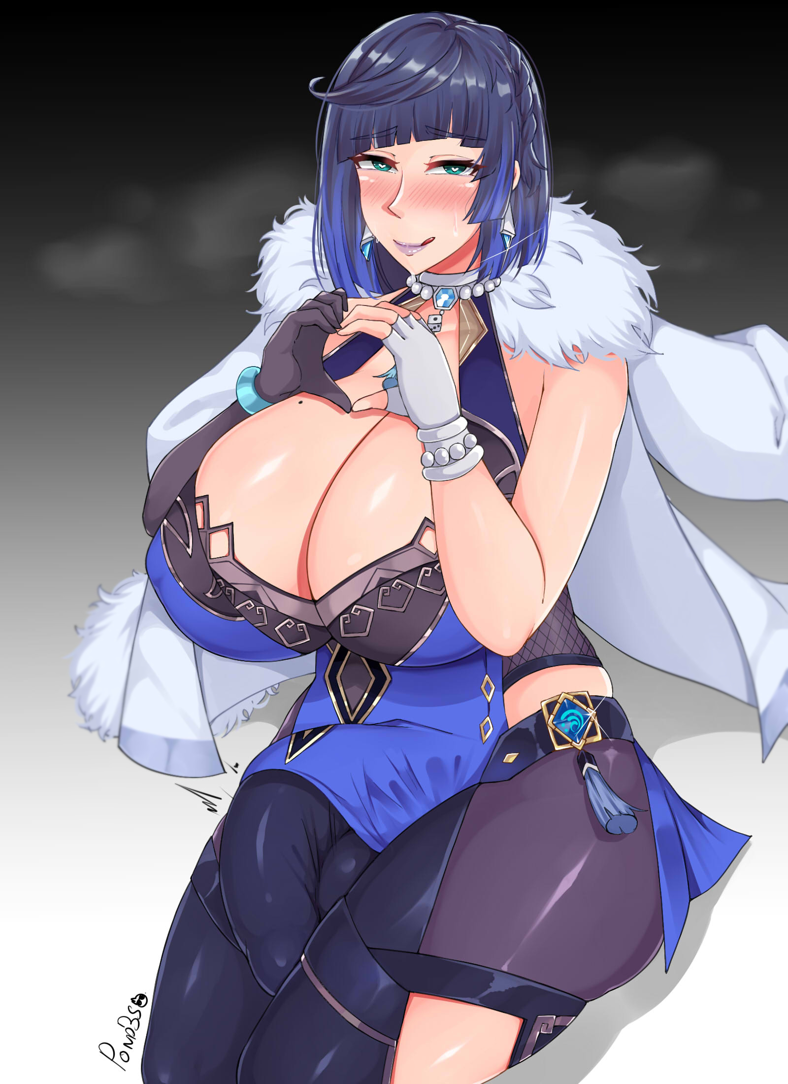 1futa, balls, bangs, big balls, black hair, blue hair, blush, breasts, bulge, cleavage, clothed, clothing, erect penis, erection, erection under clothes, fully clothed, futa focus, futa only, futa sans pussy, futanari, genshin impact, gigantic breasts, hoyoverse, huge breasts, huge cock, human, intersex, light skin, light-skinned futa, long hair, looking at viewer, mole, mole on breast, penis, pondbs, sitting, solo, solo futa, two-tone hair, yelan (genshin impact)