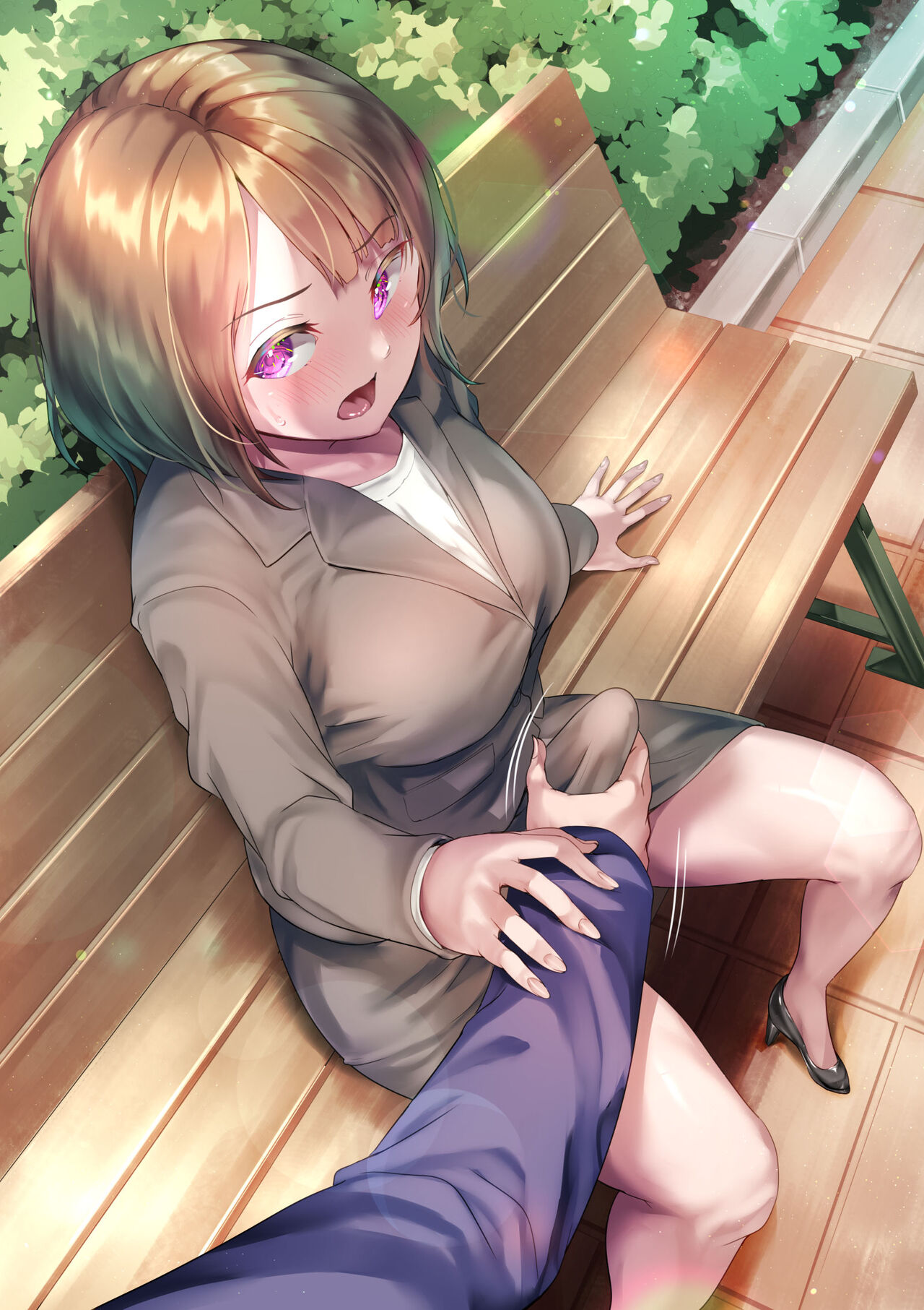1futa, ayanakitori, big breasts, big penis, blush, breasts, brown hair, clothed, clothing, erection, erection under clothes, fully clothed, futa focus, futanari, handjob, handjob through clothing, human, intersex, light skin, light-skinned futa, looking at viewer, manual, outdoors, penis, penis grab, penis under clothes, pov, public, shoes, short hair, solo focus, sweat, tenting, through clothes