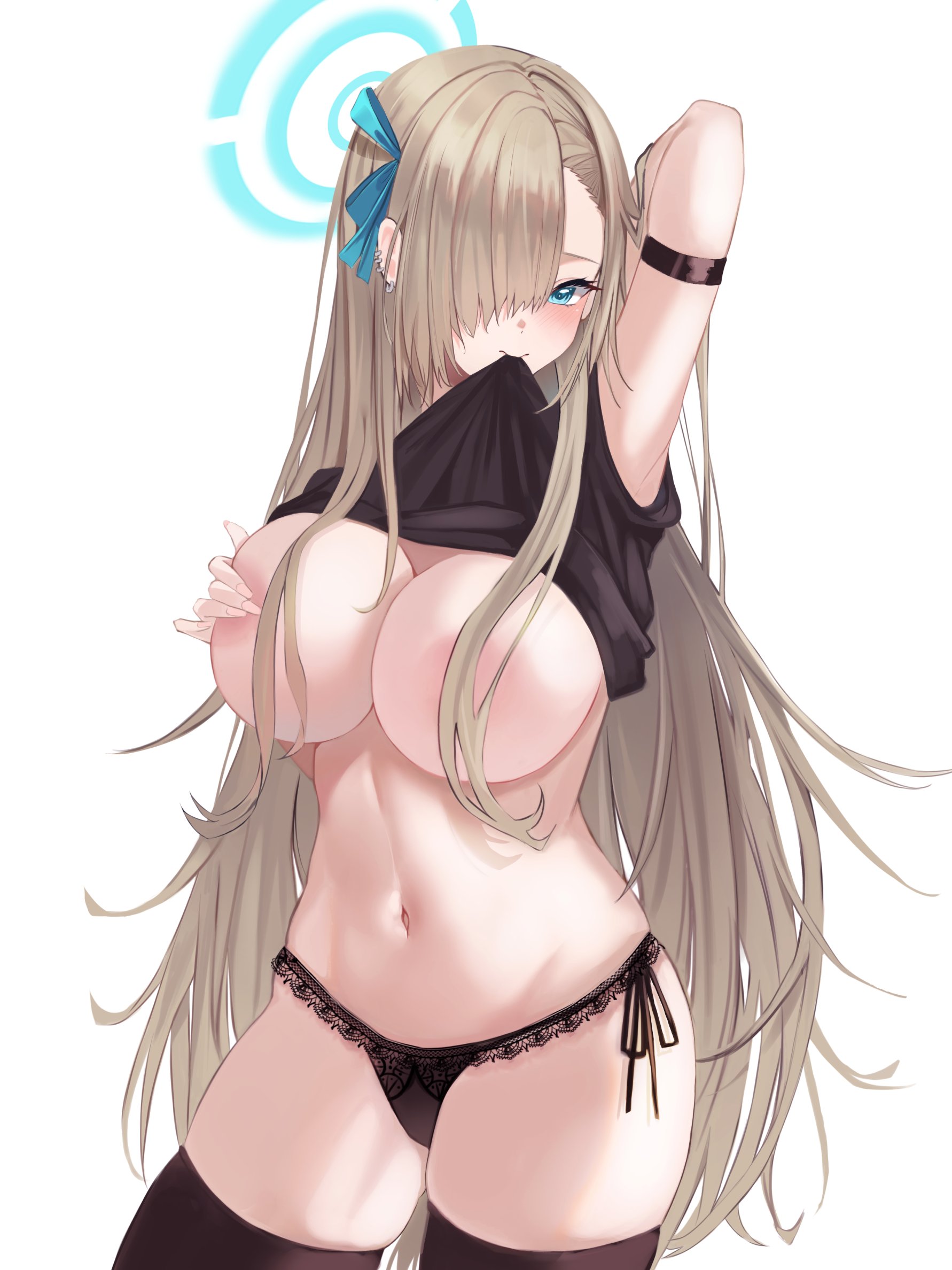 1girls, asuna (blue archive), black legwear, black panties, black stockings, black strap-on, blonde hair, blue archive, blue eyes, blush, breasts, female, female only, hair over one eye, large breasts, light brown hair, looking at viewer, nipples, runa (artist), shirt lift, solo focus, uncensored, underwear, very long hair