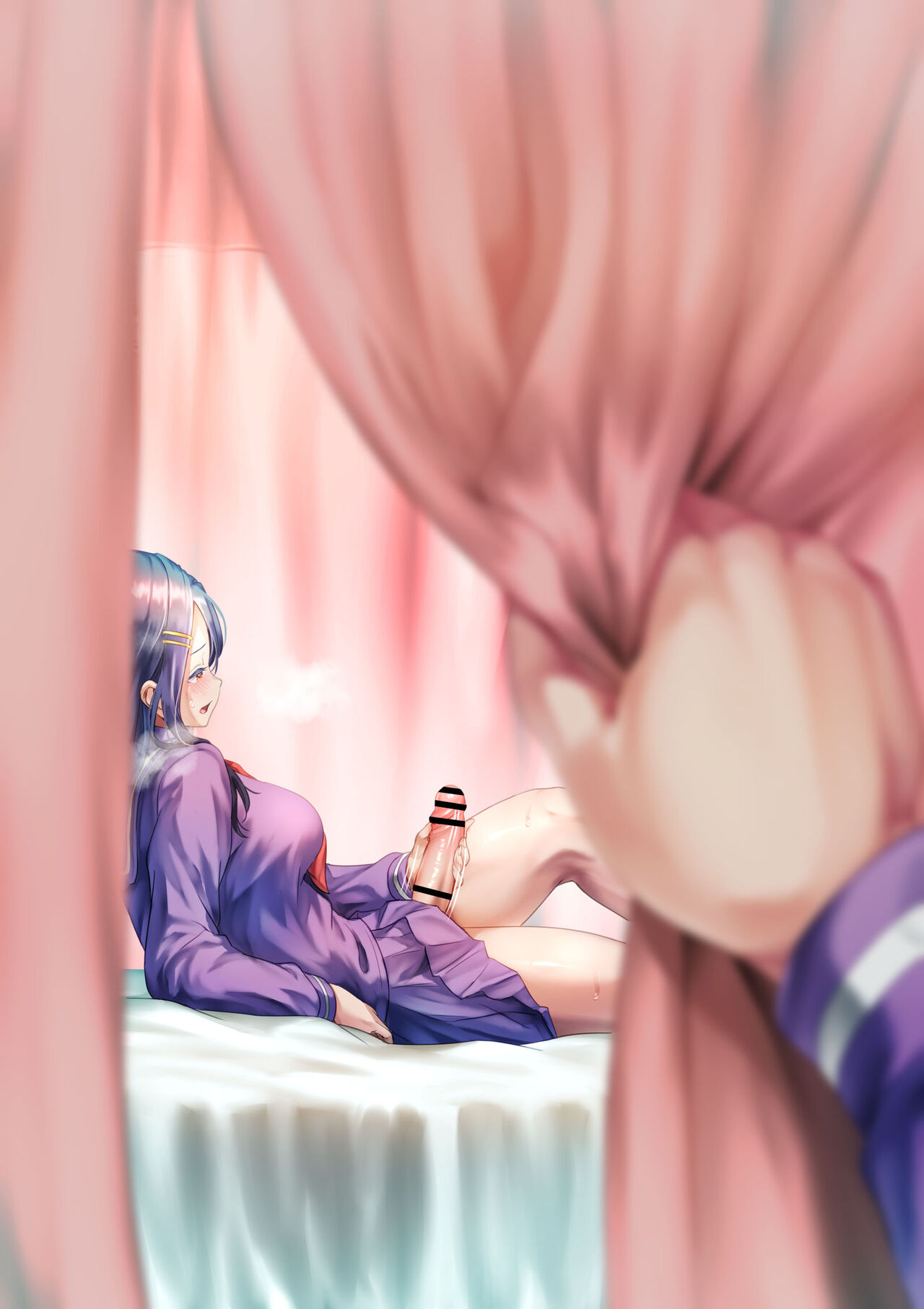 1futa, ayanakitori, bar censor, bed, big breasts, big penis, blush, breasts, censored, clothed, clothing, erection, female, futa only, futa sans balls, futanari, handjob, heavy breathing, human, intersex, light skin, light-skinned futa, masturbation, mostly clothed, peeping, penis, pov, school uniform, schoolgirl, sitting, skirt, solo, sweat, voyeur, voyeur pov, watching