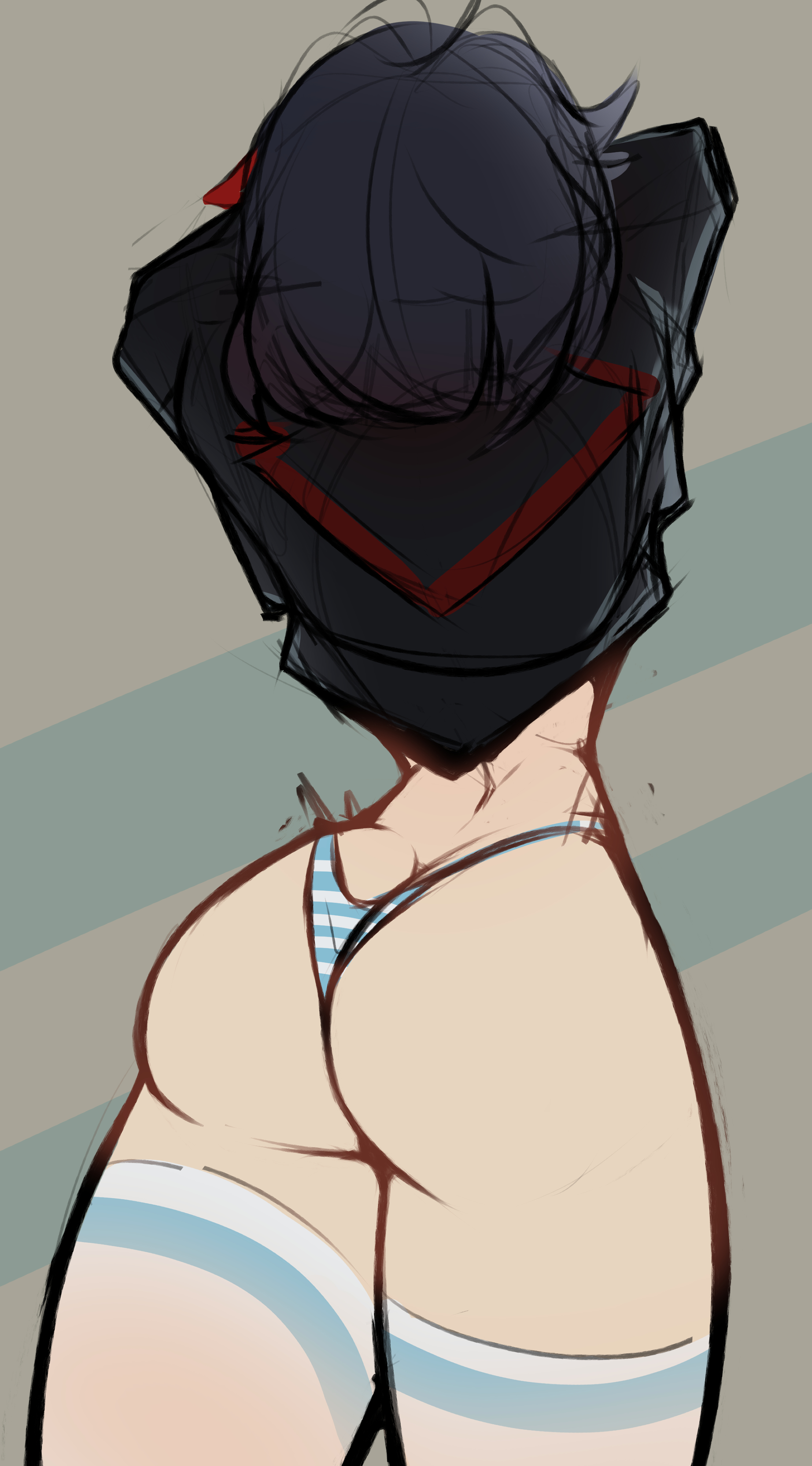 1girls, ass, ass cleavage, ass crack, black hair, blue and white striped panties, butt crack, canon panties, casual, clothing, cursedequinox, female, female only, human, kill la kill, legwear, matoi ryuuko, meme, pale skin, panties, red highlights, redraw, ryukoredraw, senketsu, shimapan, solo, solo female, undressing