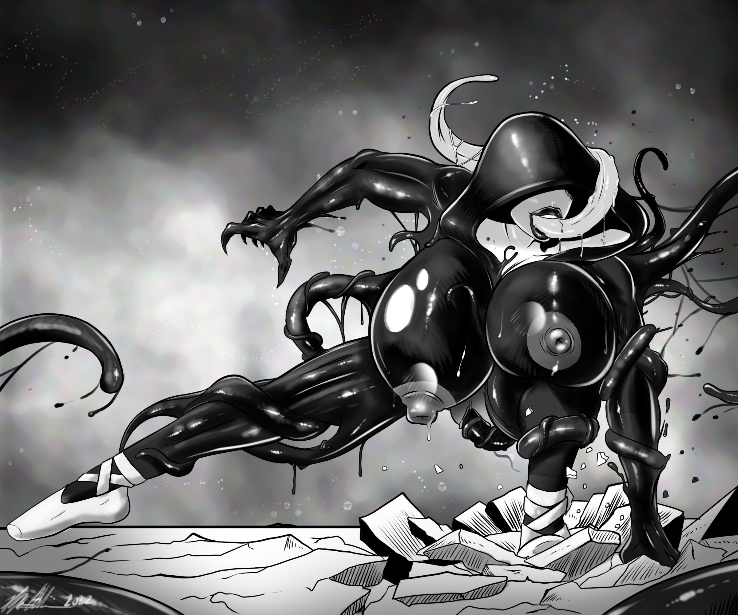areolae, big breasts, breasts, female, female focus, female only, full body, gwen stacy, gwenom, hanging breasts, hotsriracha, huge breasts, labia, large breasts, long tongue, marvel, marvel comics, monochrome, nipples, pussy, she-venom, spider-man (series), squatting, tentacle, tentacle sex, tongue, vagina, venom, venom (marvel)