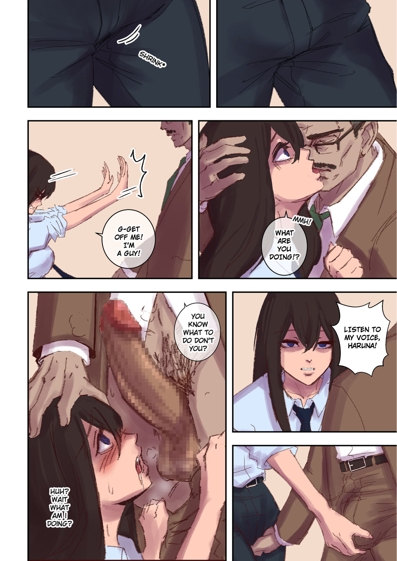 2boys, arisa yoshi, blue eyes, blush, brainwashing, brown hair, clothing, comic, confusion, dominant male, drooling, female, forced kiss, gender transformation, hand on penis, kissing, long hair, male, male to female, mind break, mind control, mtf transformation, open mouth, penis, penis shrinking, rape, rule 63, shirt, text, transformation