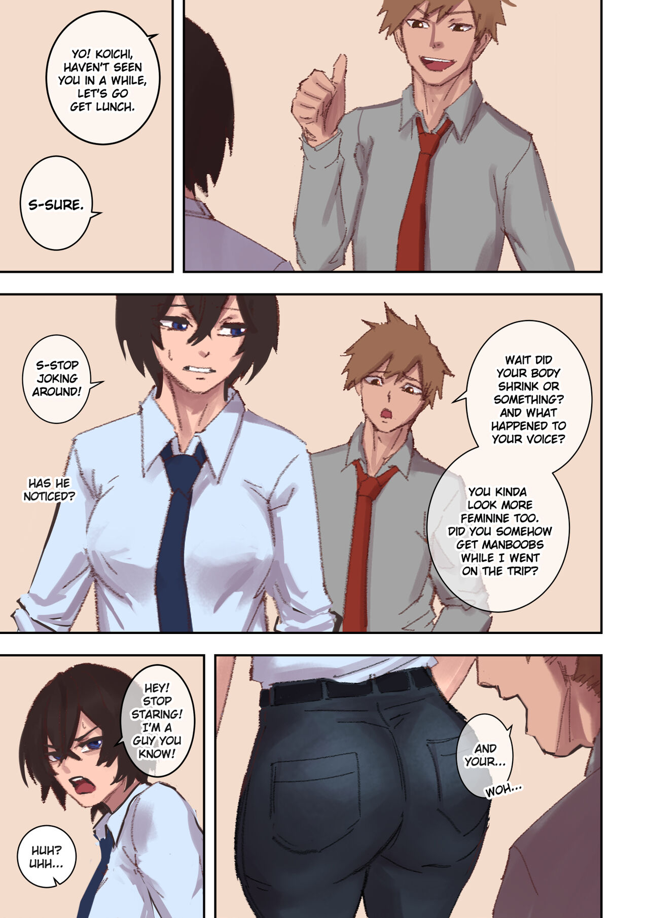 2boys, arisa yoshi, ass, big ass, blue eyes, brown hair, comic, female, femboy, feminine male, feminization, gender transformation, jeans, male, male to female, mtf transformation, rule 63, text, transformation