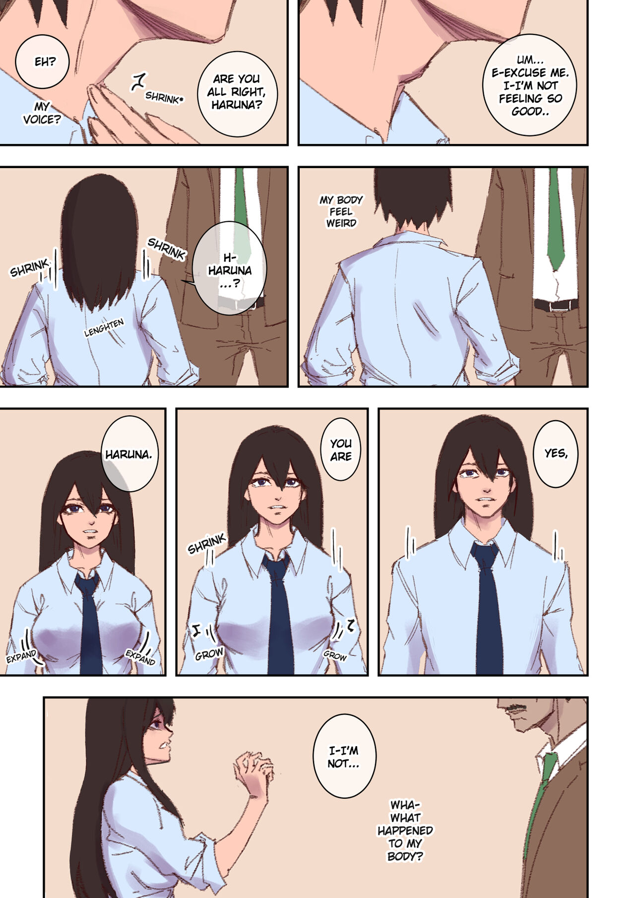 2boys, arisa yoshi, big breasts, boss, breast expansion, breast growth, breast growth (enlargement), breasts, brown hair, comic, female, gender transformation, hair growth, long hair, male, male to female, mtf transformation, rule 63, shrinking, suit, text, transformation