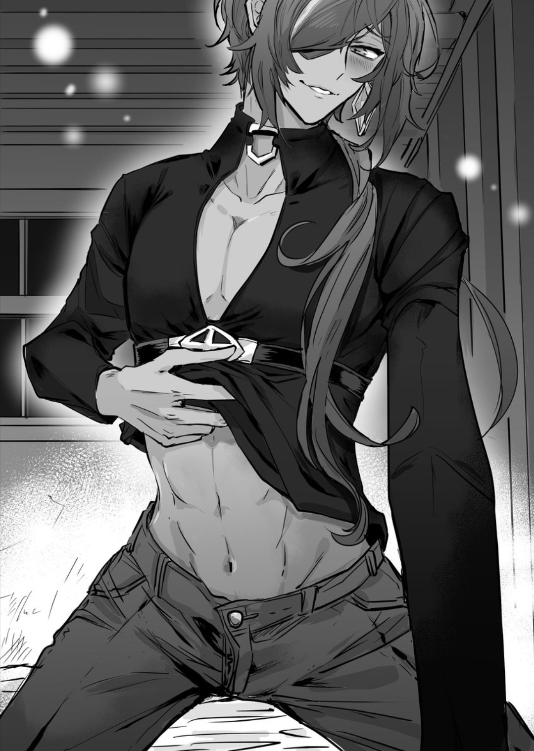 artist request, blush, blushing at viewer, clothes lift, collar, dark skin, dark-skinned male, eyes, genshin impact, kaeya (genshin impact), looking at viewer, male, male focus, male only, submissive male