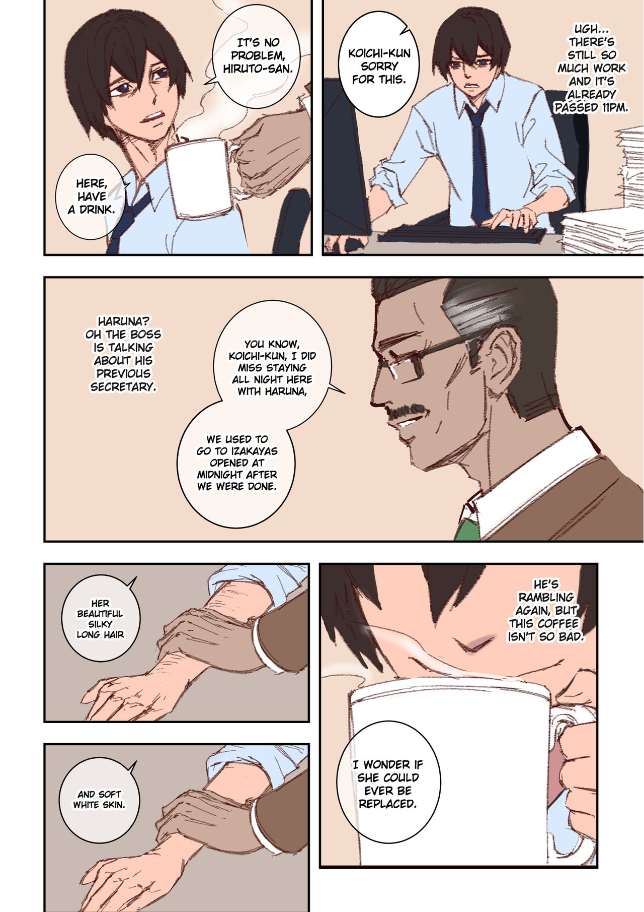 2boys, arisa yoshi, ass expansion, boss, breast expansion, breast growth, breast growth (enlargement), breasts, brown hair, comic, employee uniform, female, gender transformation, genderswap, genderswap (mtf), glasses, hair growth, male, male to female, moustache, mtf transformation, rule 63, text, transformation
