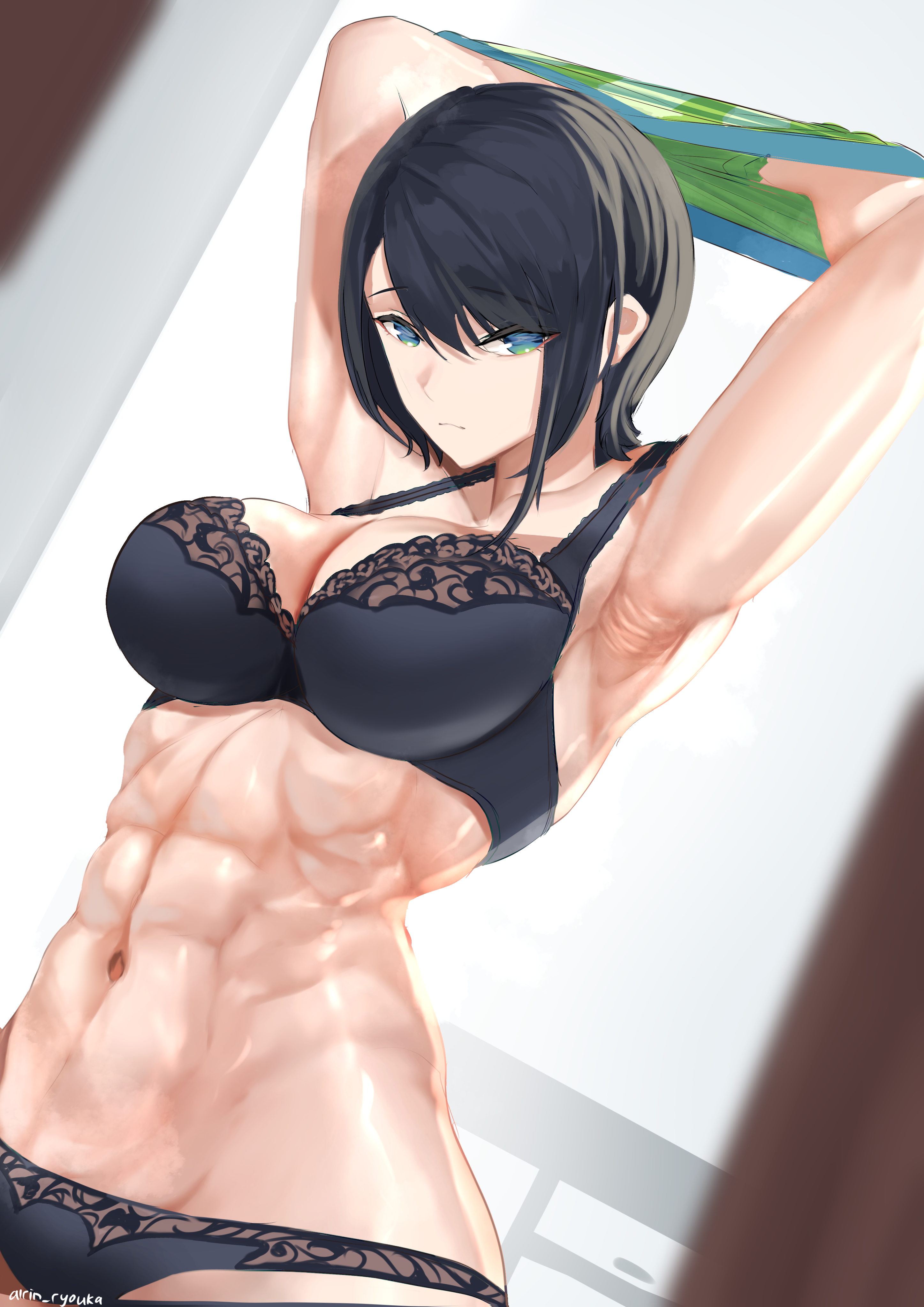 abs, absurdres, armpits, bangs, black bra, black hair, black panties, blue eyes, bra, breasts, brunette, clothes lift, eyebrows visible through hair, female, female abs, highres, hololive, hololive gen 2, hololive japan, indoors, innie belly button, large breasts, light skin, light-skinned female, lingerie, looking at viewer, muscular, muscular female, navel, oozora subaru, panties, ryo (ryo artys), shiny skin, shirt, shirt lift, short hair, solo, striped, striped shirt, toned, toned stomach, underwear, undressing, virtual youtuber