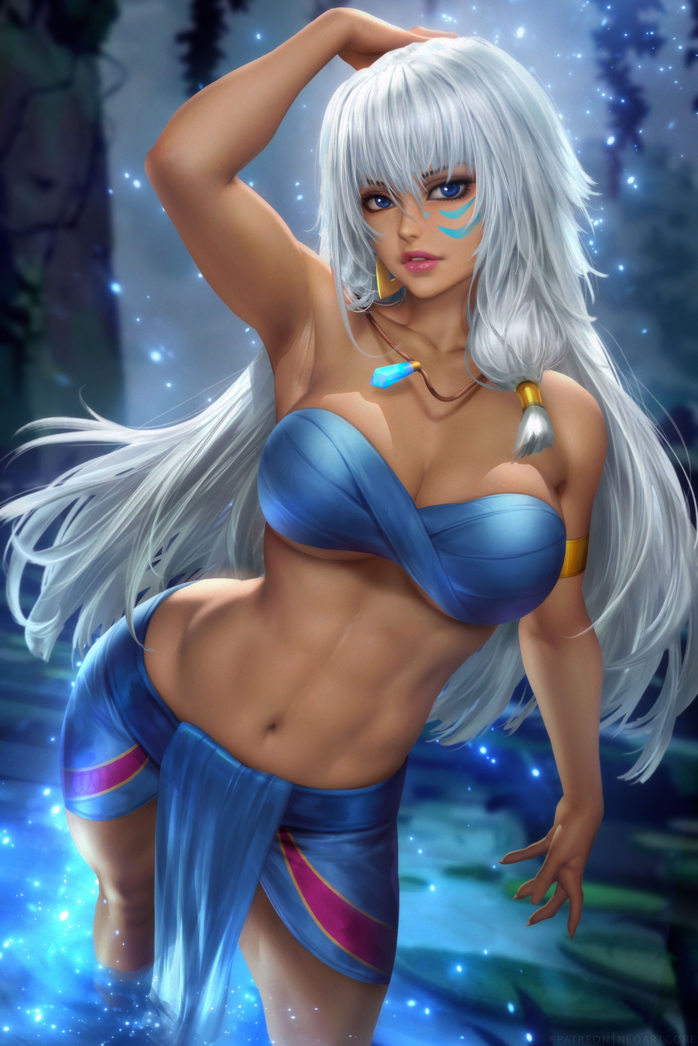 1girls, abs, arm up, armband, armpit, atlantis: the lost empire, bangs, bare arms, bare shoulders, bare skin, big breasts, blue clothes, blue clothing, blue eyes, blue loincloth, blue shorts, breasts, cleavage, clothed, clothing, dark skin, dark-skinned female, disney, face markings, face mask, female, female focus, female only, fit, fit female, grey hair, halter top, hand on head, hand on own head, hips, kida, large breasts, loincloth, long hair, looking at viewer, necklace, neoartcore, nudtawut thongmai, shorts, solo, solo female, solo focus, thick thighs, thighs, toned, toned female, toned stomach, very long hair, water, wide hips