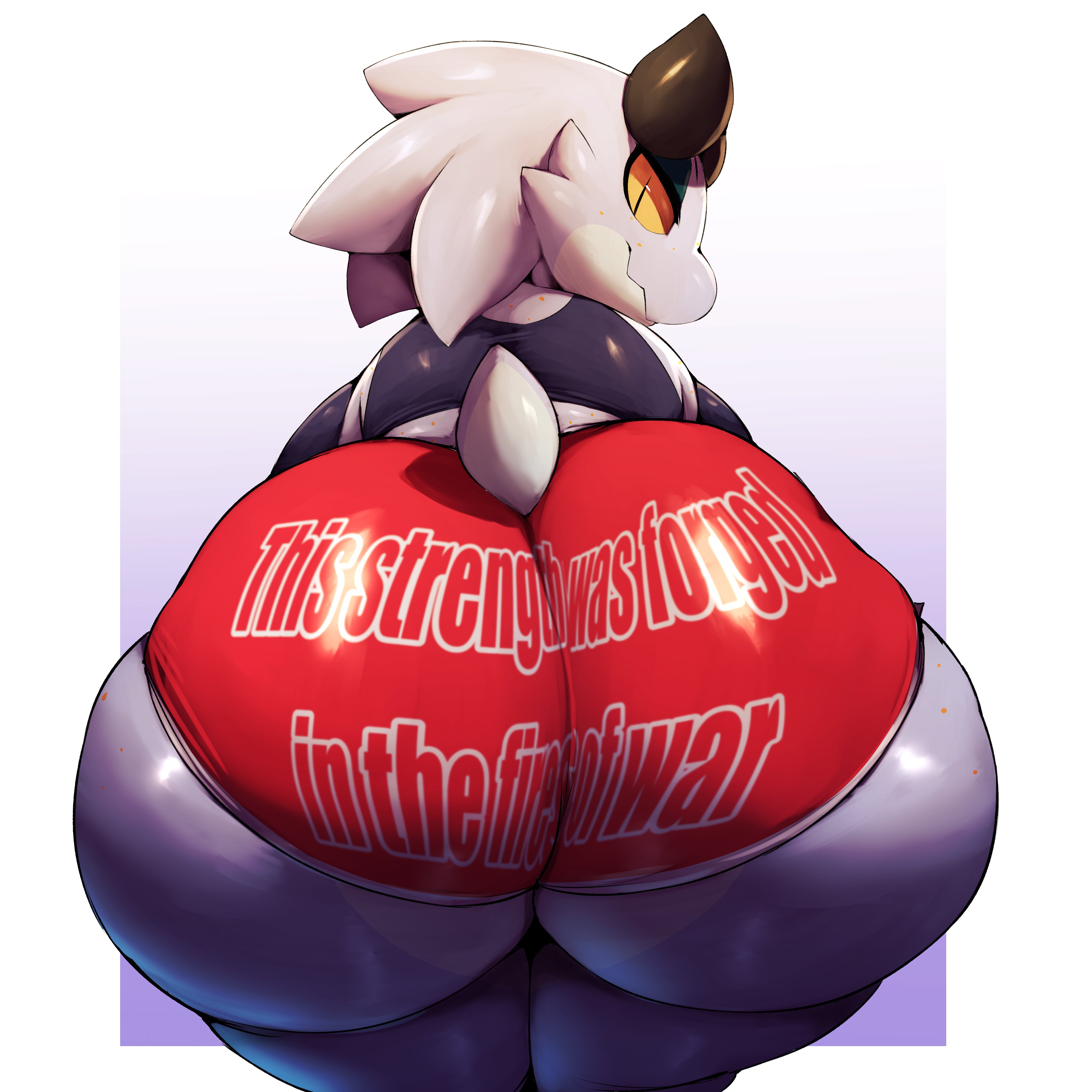 1girls, absurd res, anthro, ass, ass focus, big ass, big butt, black eyes, bottomwear, bubble ass, bubble butt, clothing, english text, fat ass, female, female only, grey body, hi res, horn, huge ass, huge butt, kureka (trinity-fate62), looking at viewer, looking back, purple skin, reptile, scalie, shiny, shiny clothes, shiny hair, shiny skin, shorts, smile, solo, solo female, tagme, tail, tail tuft, text, text focus, text on clothing, thick thighs, tight fit, tight pants, topwear, trinity-fate62, yellow eyes, yellow sclera