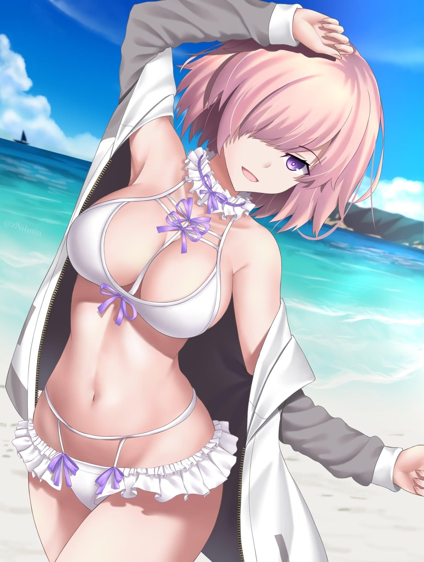 beach, breasts, busty, fate (series), fate/grand order, female, frilled bikini, frilly choker, mash kyrielight, ocean background, one eye visible, pink hair, purple eyes, smile