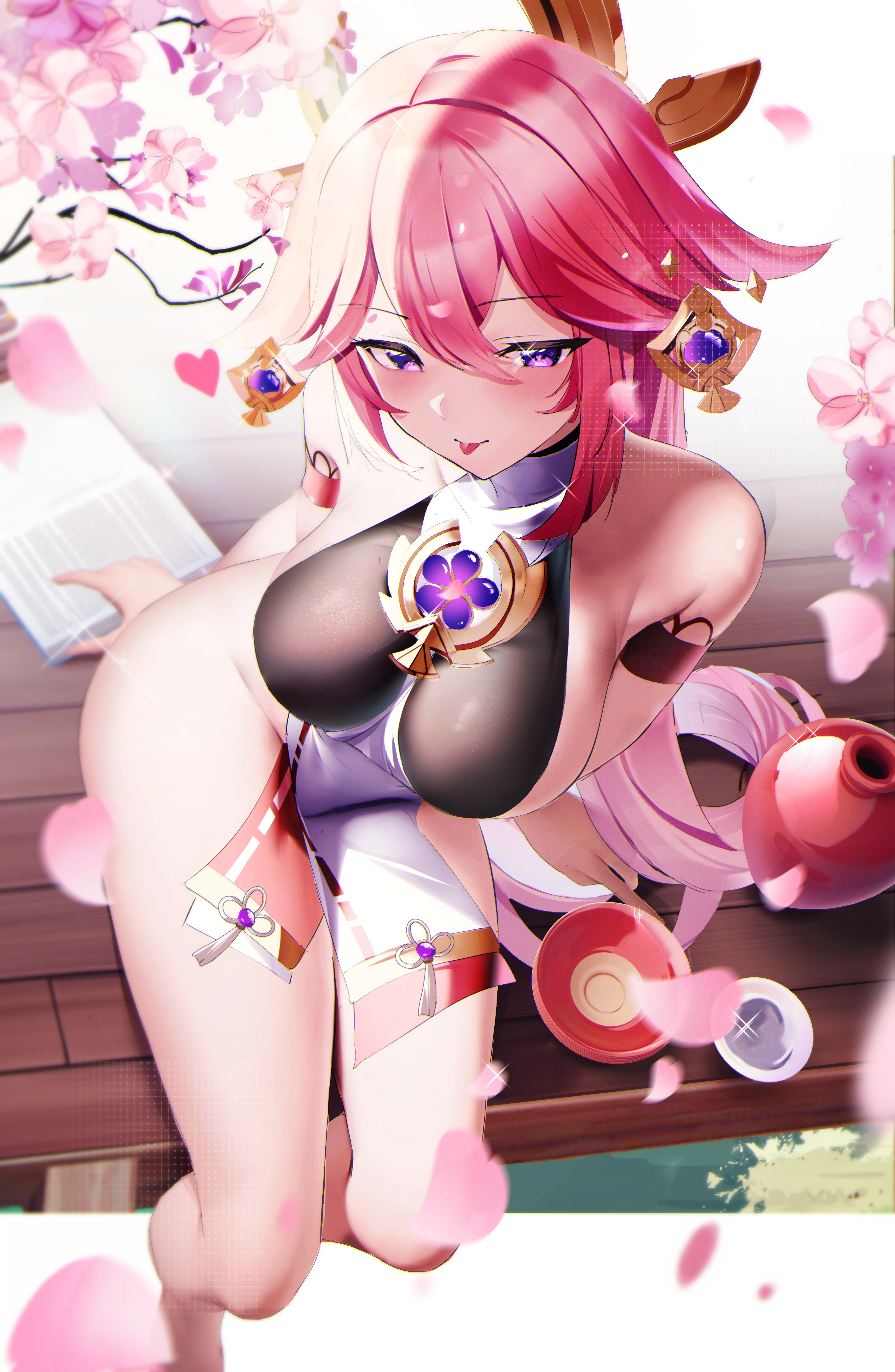 1girls, bare shoulders, big breasts, breasts, earrings, fantongjun, female, female only, genshin impact, hair ornament, hi res, high-angle view, highres, large breasts, long hair, looking at viewer, pink hair, purple eyes, sake, sitting, solo, solo female, thick, thick thighs, thighs, voluptuous, yae miko