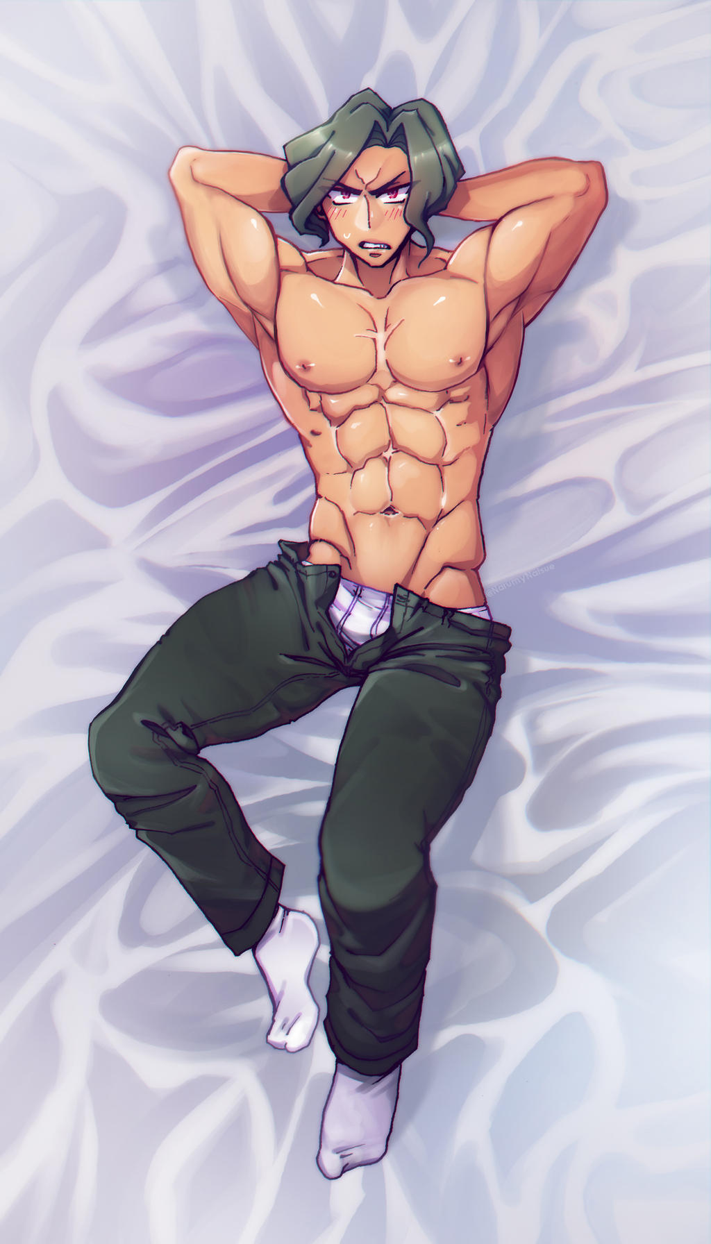 1boy abs angry angry_face bara bed bedroom big_pecs blush dakimakura dakimakura_design danganronpa danganronpa_3 flexing flexing_bicep green_hair half-dressed half_naked hi_res male male_focus male_only muscles muscular muscular_male narumynatsue nipples pants pants_down pecs pov revealing_clothes sakakura_juuzou seductive socks solo solo_male tan_skin underwear