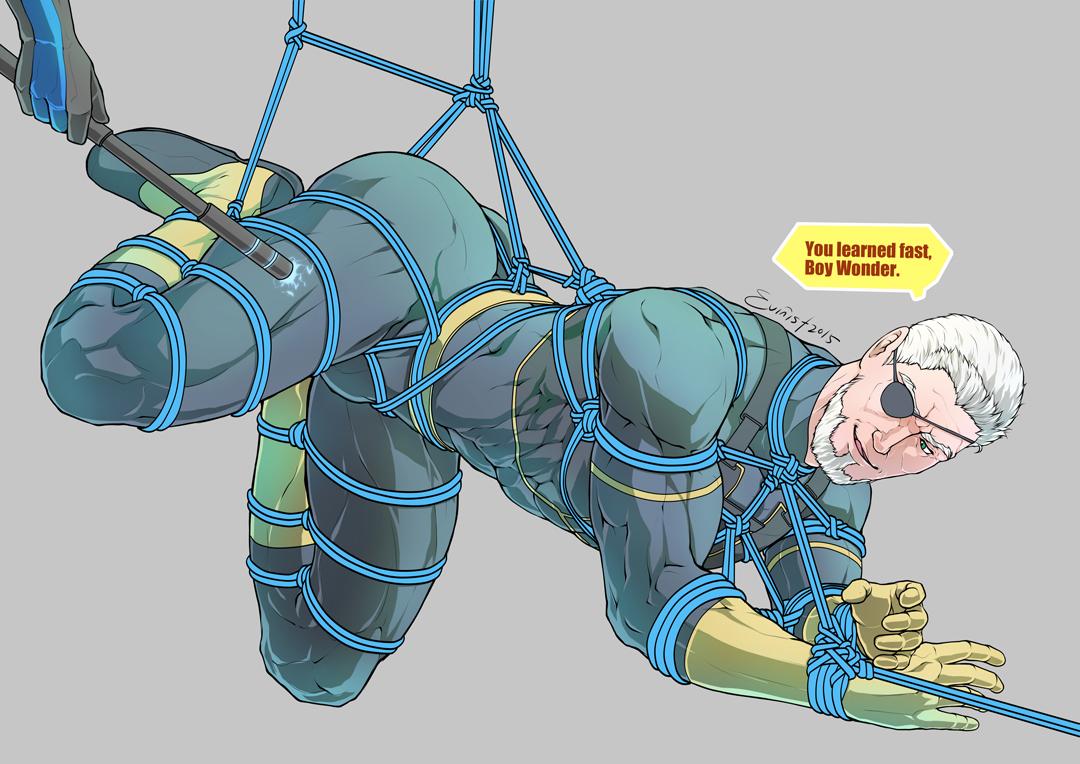 ass, beard, big ass, bodysuit, bondage, dc, dc comics, deathstroke, dick grayson, dilf, english text, evinist, eye patch, facial hair, full body, gay, male, male only, malesub, mature male, muscular, muscular male, nightwing, offscreen male, rope, rope bondage, skin tight, slade wilson, smirk, solo focus, speech bubble, submissive villain, suspension, white hair