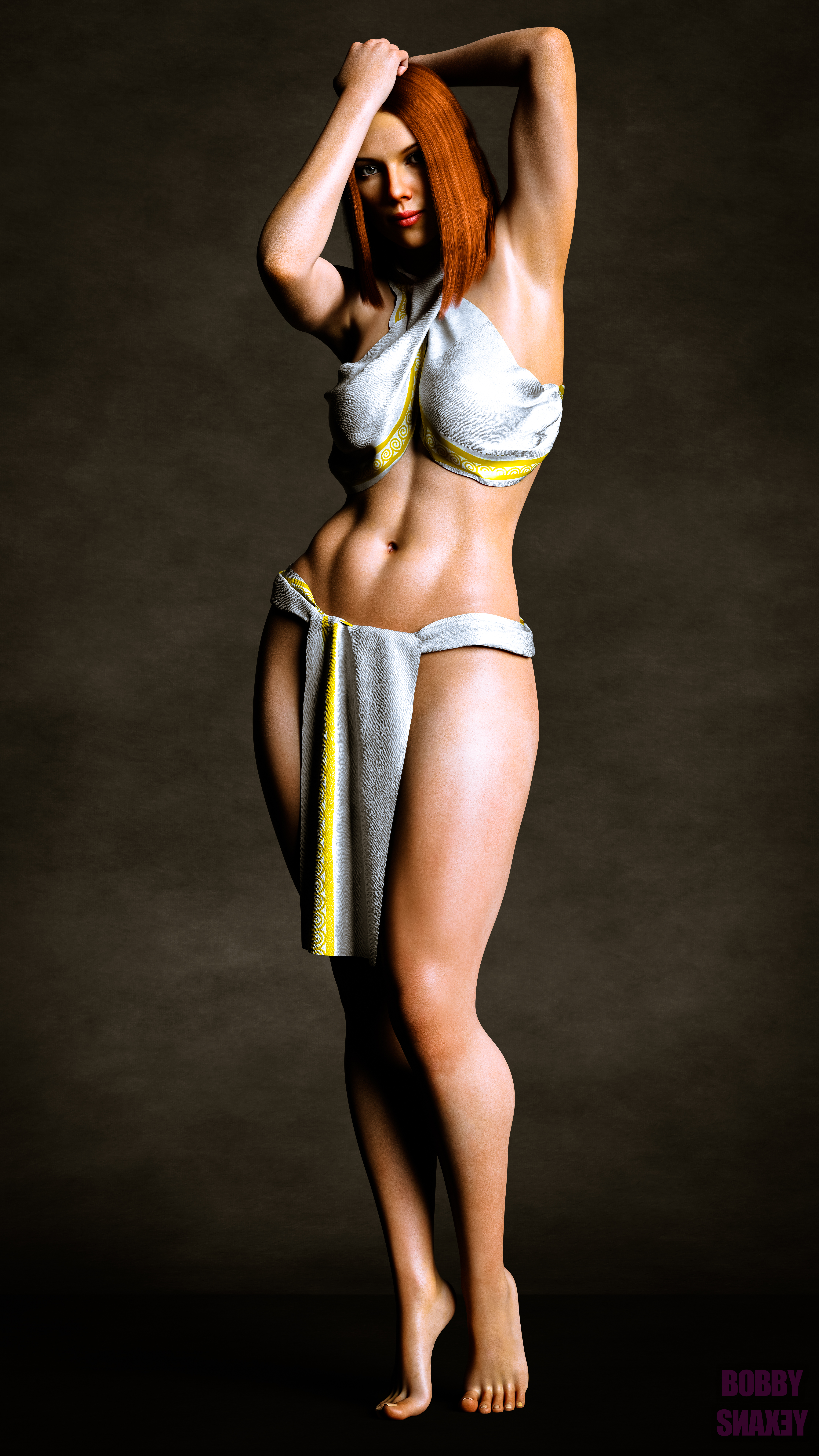 1girls, 3d, 3d (artwork), abs, armpits, black widow (marvel), bobbysnaxey, celebrity, daz studio, daz3d, feet, female, female only, fit, marvel, marvel cinematic universe, marvel comics, natasha romanoff, pinup, red hair, scarlett johansson, solo, solo female