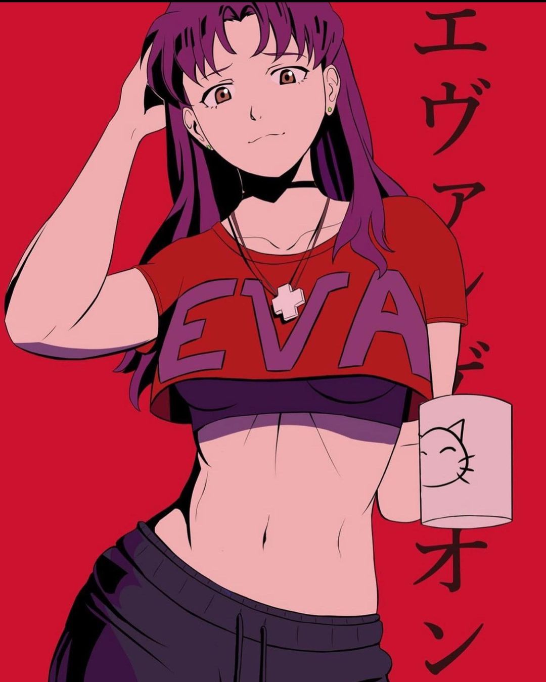 1girls, belly, breasts, choker, clothing, crop top, female, female only, fully clothed, hand on head, japanese text, katio jy, misato katsuragi, mommy, mug, necklace, neon genesis evangelion, purple hair, solo, underboob