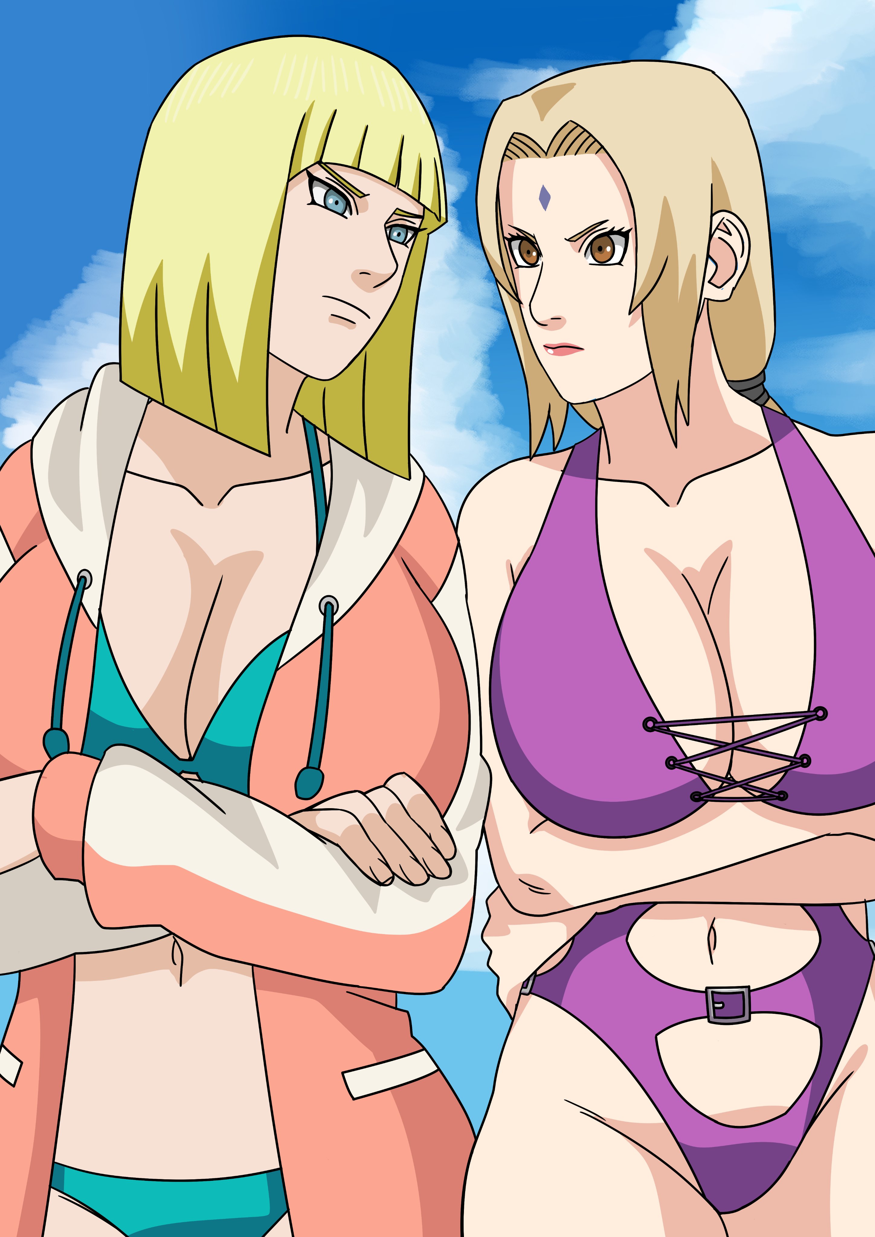 2girls, arms under breasts, beach, big breasts, bikini, blonde hair, blue bikini, blue eyes, blue sky, bob cut, breasts, brown eyes, busty, cleavage, closed mouth, clothed, clothed female, clothes, clothing, cloud, clouds, color, colored, comparing, comparing breasts, comparison, competitive, crossed arms, curvaceous, curvy, curvy body, curvy female, curvy figure, day, female, female only, fully clothed, hourglass figure, huge breasts, jacket, large breasts, light skin, light-skinned female, lipstick, long hair, looking at another, looking at partner, makeup, mature, mature female, medium hair, midriff, milf, multiple females, multiple girls, naruto, naruto (series), naruto shippuden, navel, ninrubio, one-piece swimsuit, open eyes, purple swimsuit, revealing clothes, revealing swimsuit, samui, simple background, skimpy, skimpy bikini, sky, staring, staring at another, swimsuit, take your pick, thin waist, tied hair, tight clothing, tsunade, twintails, uncensored, voluptuous, wide hips, yellow hair