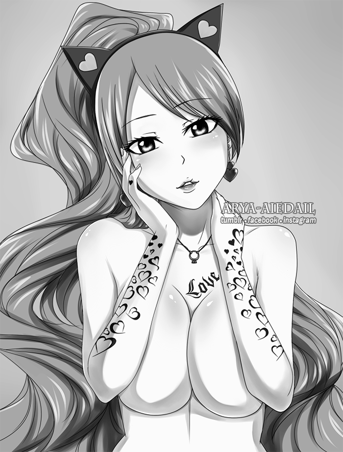 arya-aiedail covering_breasts fairy_tail monochrome sherry_blendy tattoo_on_chest tattooed_arm topless_female