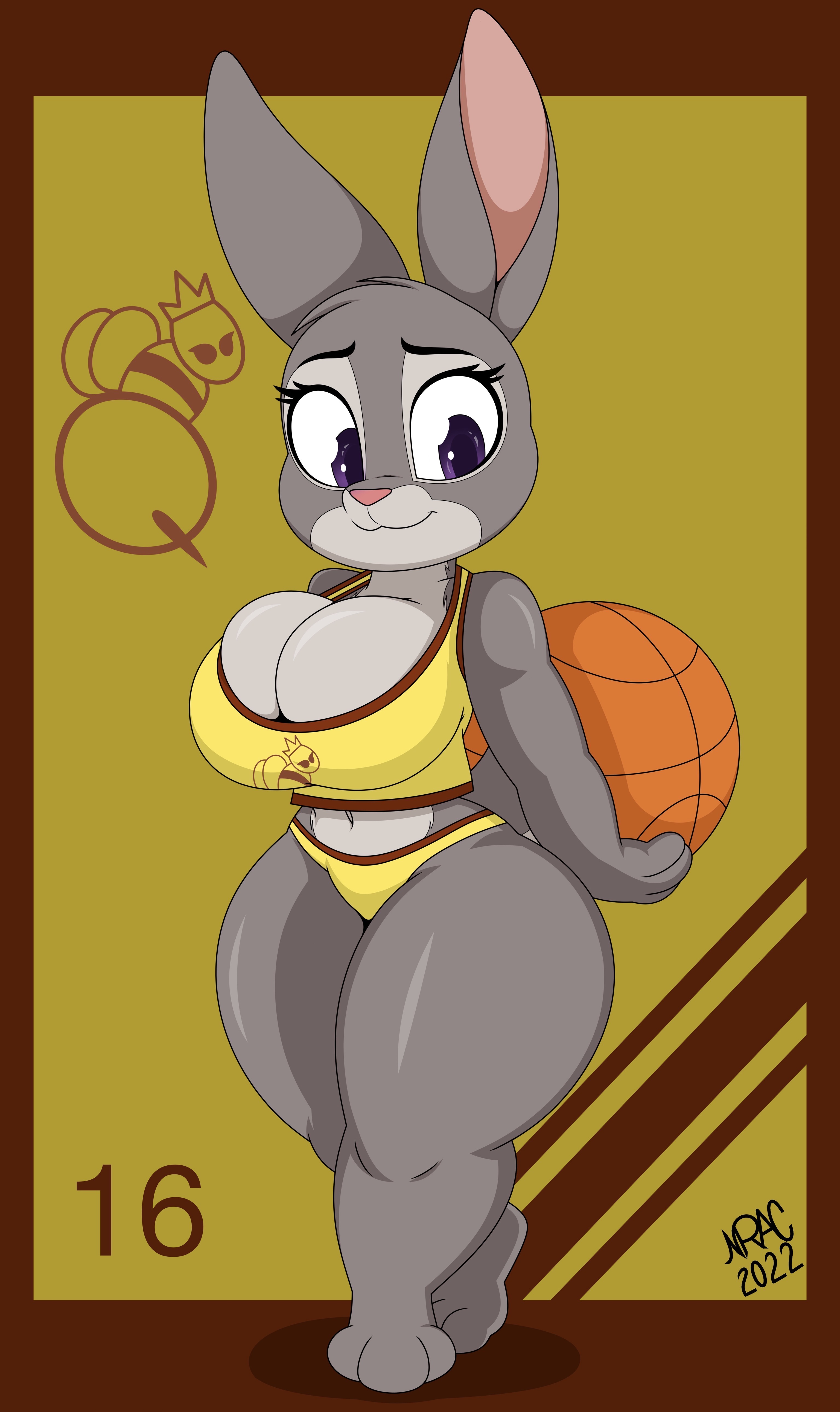 2022, 4k, absurd res, anthro, artist name, ball (object), basketball, basketball (ball), basketball uniform, big breasts, bonnie hopps, bottomwear, breast squish, breasts, cleavage, cleavage overflow, clothed, clothing, crop top, curvy figure, digital media (artwork), disney, ears up, eyelashes, feet, female, fur, grey body, grey fur, hands behind back, hi res, holding basketball, holding object, hotpants, lagomorph, large breasts, leporid, long ears, looking back, mammal, mature anthro, mature female, multicolored body, multicolored fur, nr ac, number, purple eyes, rabbit, shirt, shorts, signature, simple background, skimpy, smile, solo, sportswear, squish, standing, tank top, thick thighs, toes, topwear, two-tone body, two-tone fur, uniform, voluptuous, wide hips, yellow clothing, zootopia