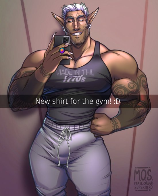 1boy beard blue_eyes brown_skin caption ceran ceran_lynch elf_ears mail_order_superhero muscular original_character piercings pointy_ears sharp_nails sharp_teeth smile solo sweat_pants taking_picture tank_top tattoos white_hair