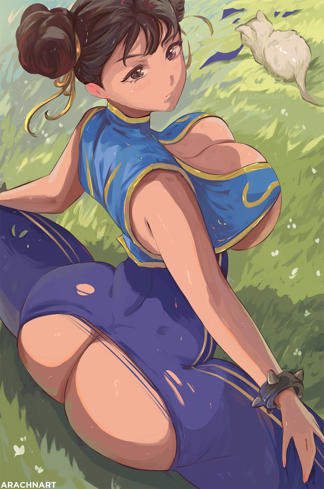1girls, 2022, arachnart, artist signature, ass, ass focus, ass shot, ass too big, back, back view, breasts, brown eyes, brown hair, brown-haired female, bubble ass, bubble butt, capcom, cat, chun-li, female, female only, hips, huge ass, huge breasts, inconvenient ass, outdoors, ripped pants, short hair, slim waist, spiked bracelet, splits, street fighter, street fighter alpha, thick thighs, thighs, thunder thighs, tight clothing, tight pants, too big, torn clothes, torn clothing, undersized clothes, undersized clothing, wardrobe malfunction, wide hips