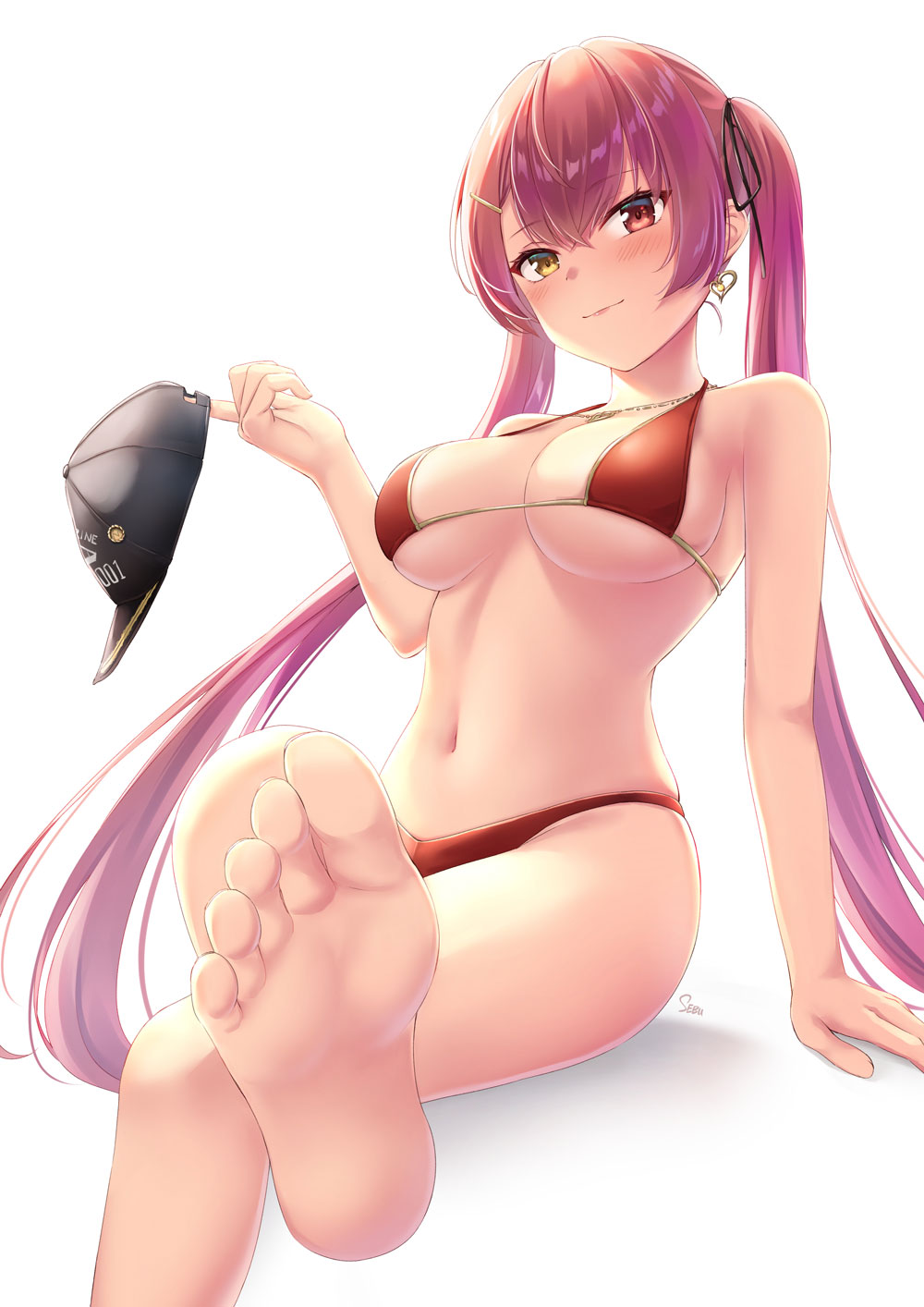 1girls, arm support, barefoot, big breasts, bikini, breasts, busty, cleavage, feet, female, female only, heterochromia, hololive, hololive fantasy, hololive japan, houshou marine, large breasts, legs crossed, long hair, looking at viewer, navel, red bikini, red eyes, red hair, sitting, smile, swimsuit, twintails, underboob, virtual youtuber, yellow eyes