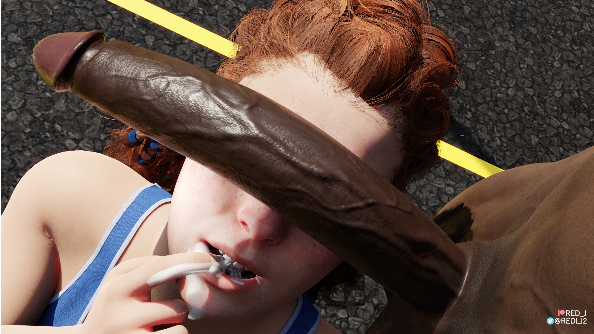 1boy, 1girls, 3d, after fellatio, after oral, aloy, blender (software), cant see the haters, cum, cum in mouth, dark skin, dark-skinned male, female, high resolution, horizon zero dawn, huge cock, interracial, large penis, long hair, male, penis, penis on face, penis over eyes, red hair, red lj, shoes, sportswear, unseen male face